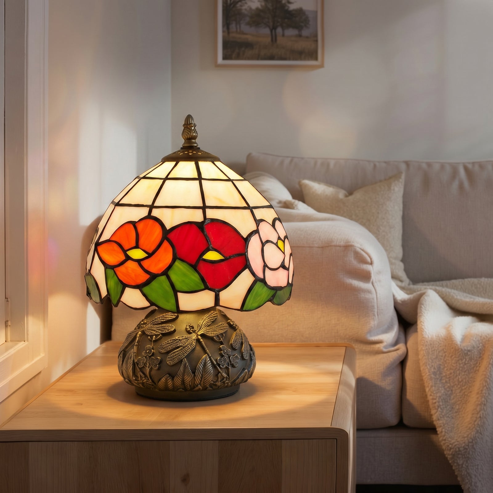 HOMCOM Stained Glass Bedside Lamp, Tiffany Style Table Lamp For Bedroom