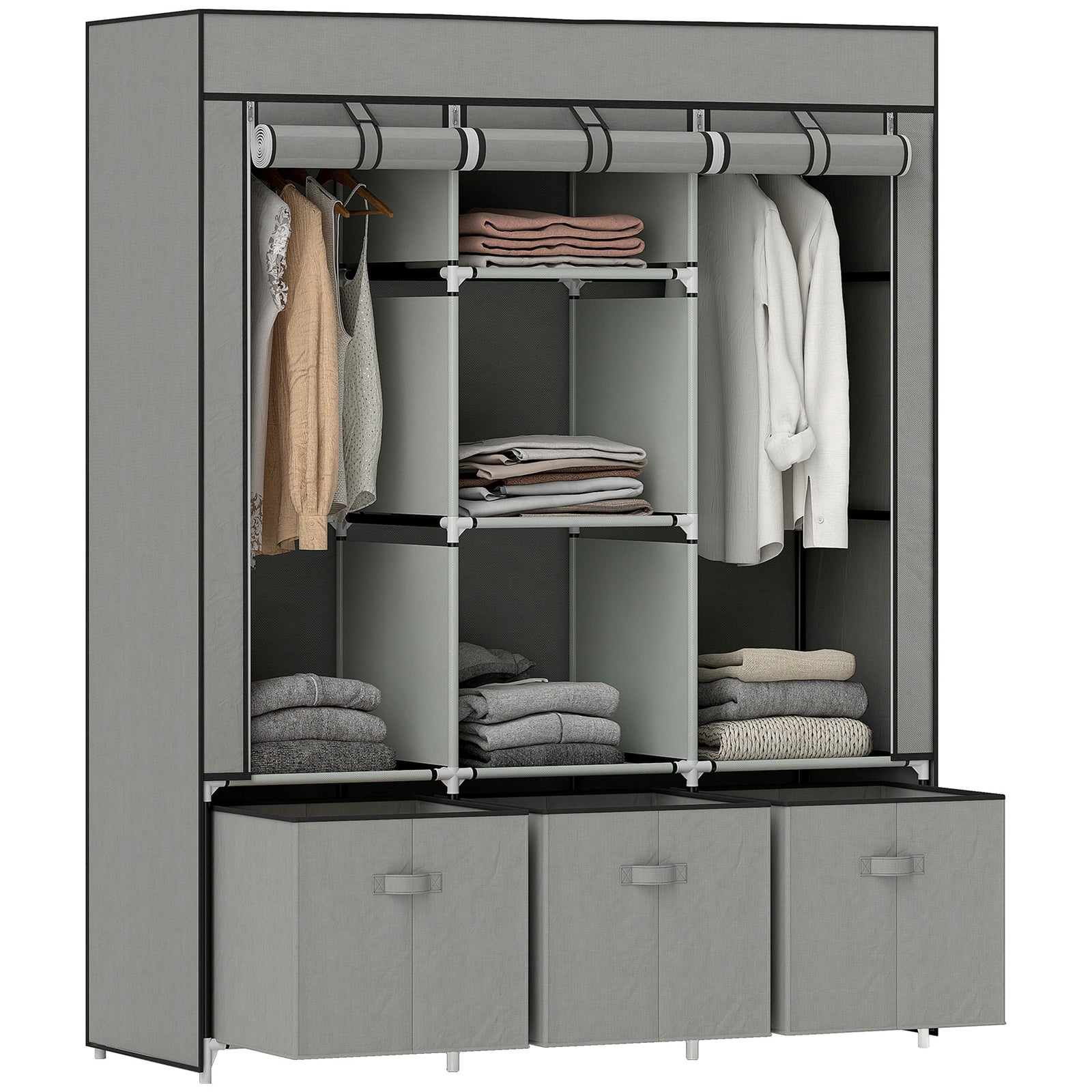 Portable Wardrobe W/ 5 Shelves 3 Fabric Drawers And 2 Hanging Rails