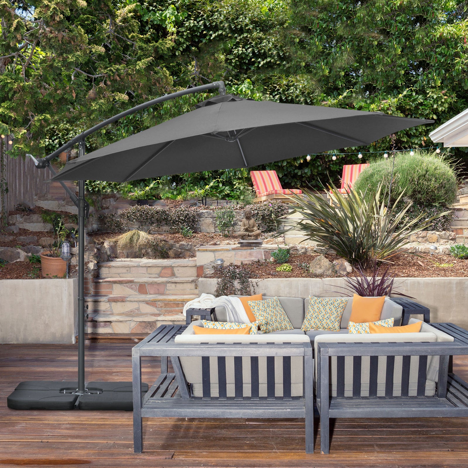 3(m) Garden Banana Parasol Cantilever Umbrella w/ Base Weights & Cover | Black