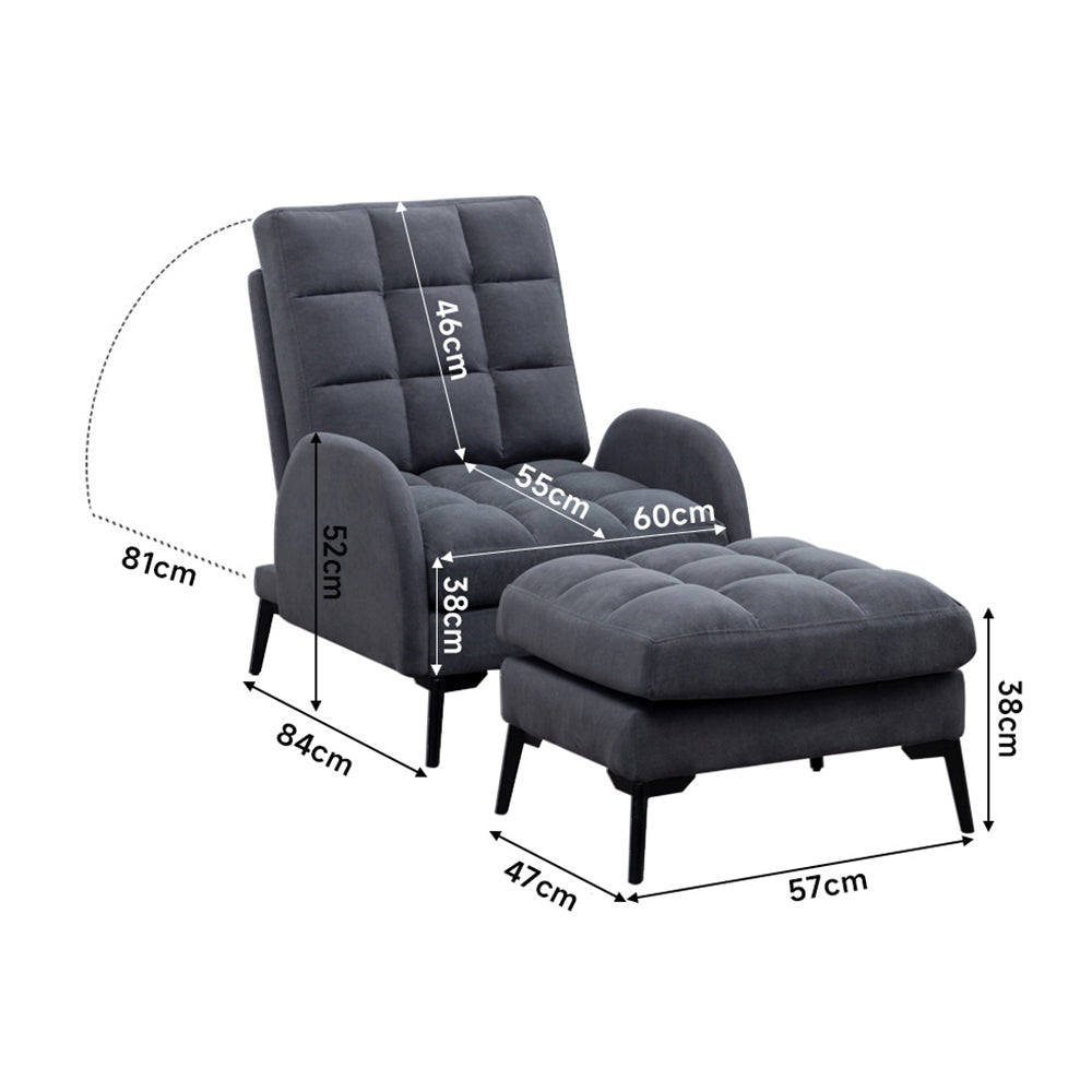 Frosted Velvet Armchair With Footstool Set– Adjustable 110°-180° Recline, Cozy Upholstered Chair With Metal Legs, Ergonomic Comfort | Grey