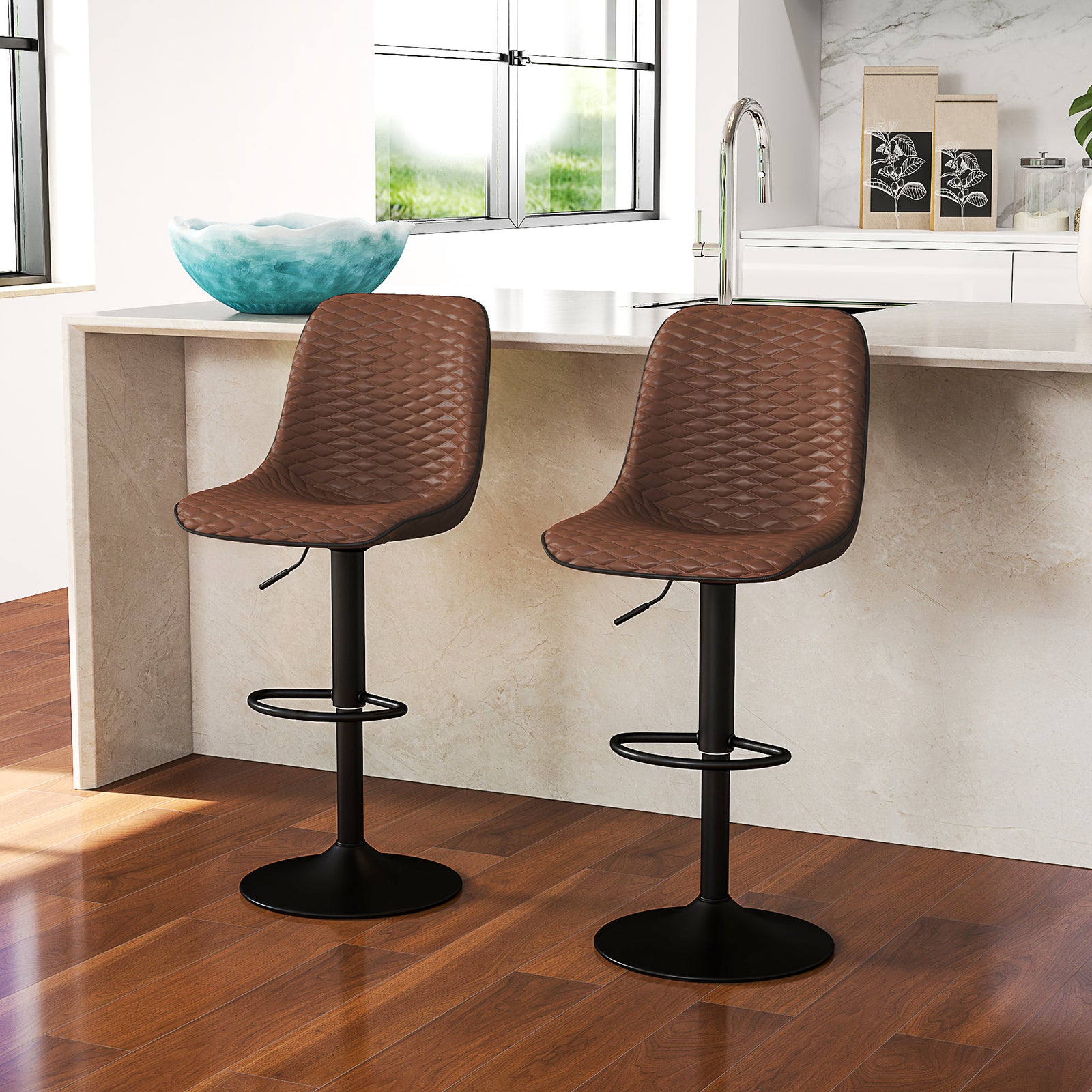 Set Of 2 Bar Stools, Adjustable Swivel Breakfast Barstools | Set-of-2 | Brown