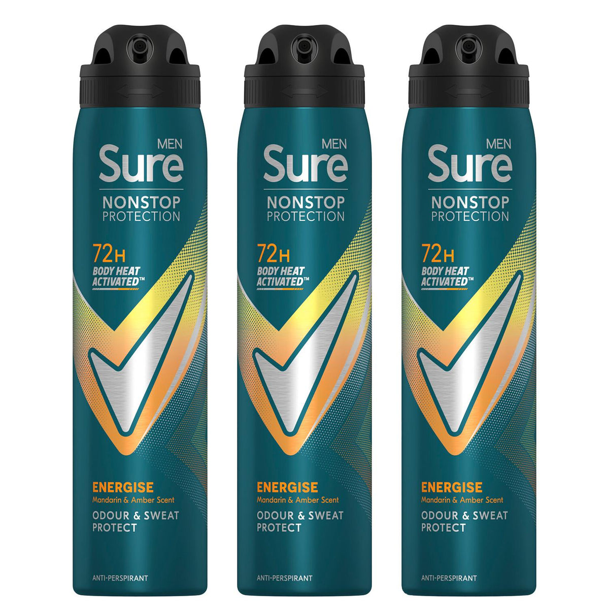 Men Energise Deodorant Spray With 72h Nonstop Protection 250ml, 3 Pack | Set of 3