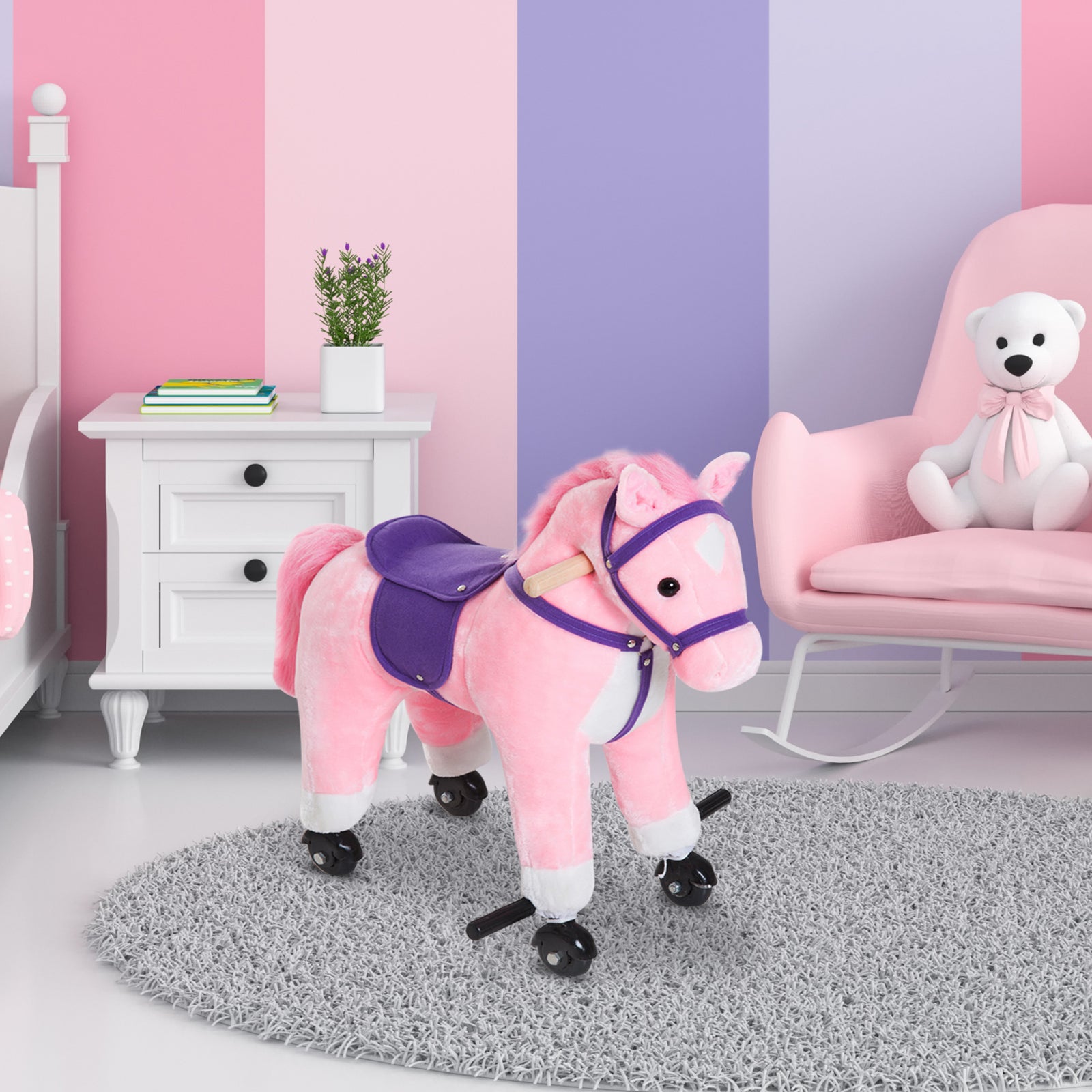 Rocking Horse Ride On Rocker Children Plush Toy Wooden Horse Sound | Pink