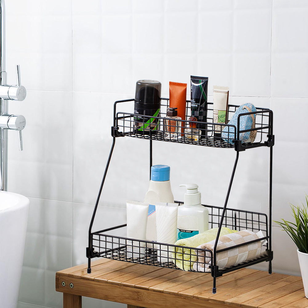 Free Standing 2 Tiers Spice Herb Jar Rack Holder Storage Organizer Counter Shelf Black | Small | Black