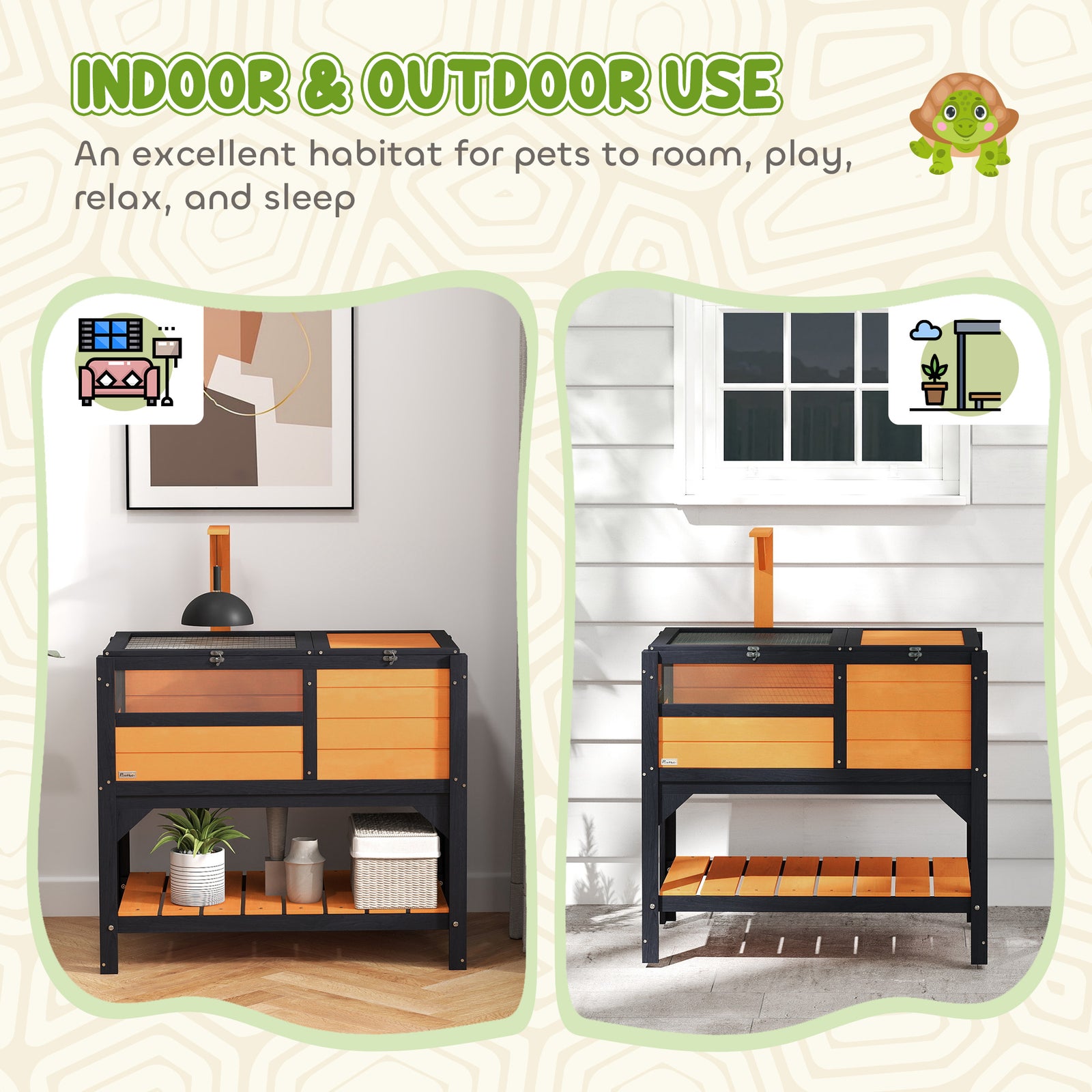 Wooden Tortoise House, Small Pet Reptile Cage W/ Run, Shelter, Shelf, Tray