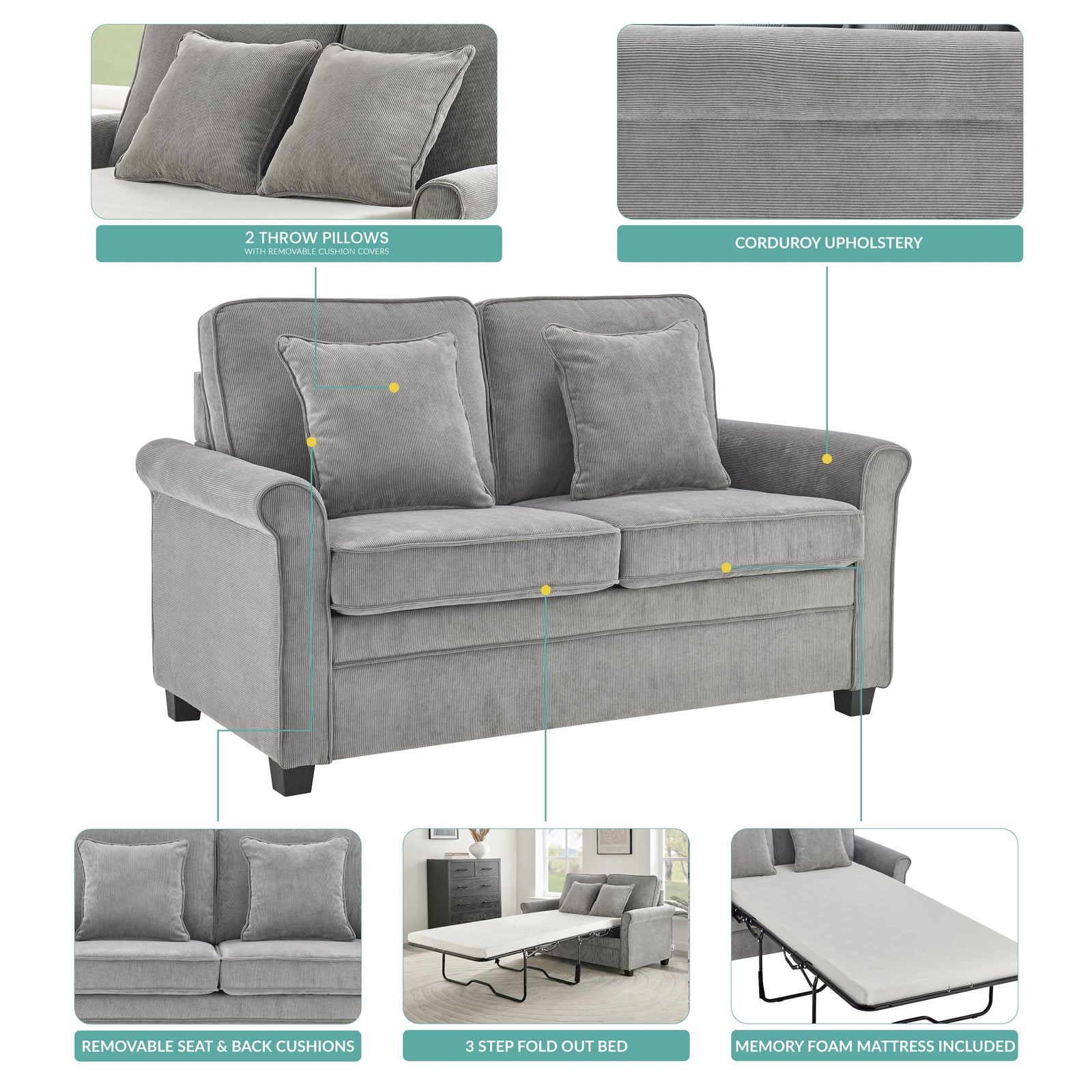 Corduroy Fold Out Mattress Sofa Bed - 2 Seater | Grey