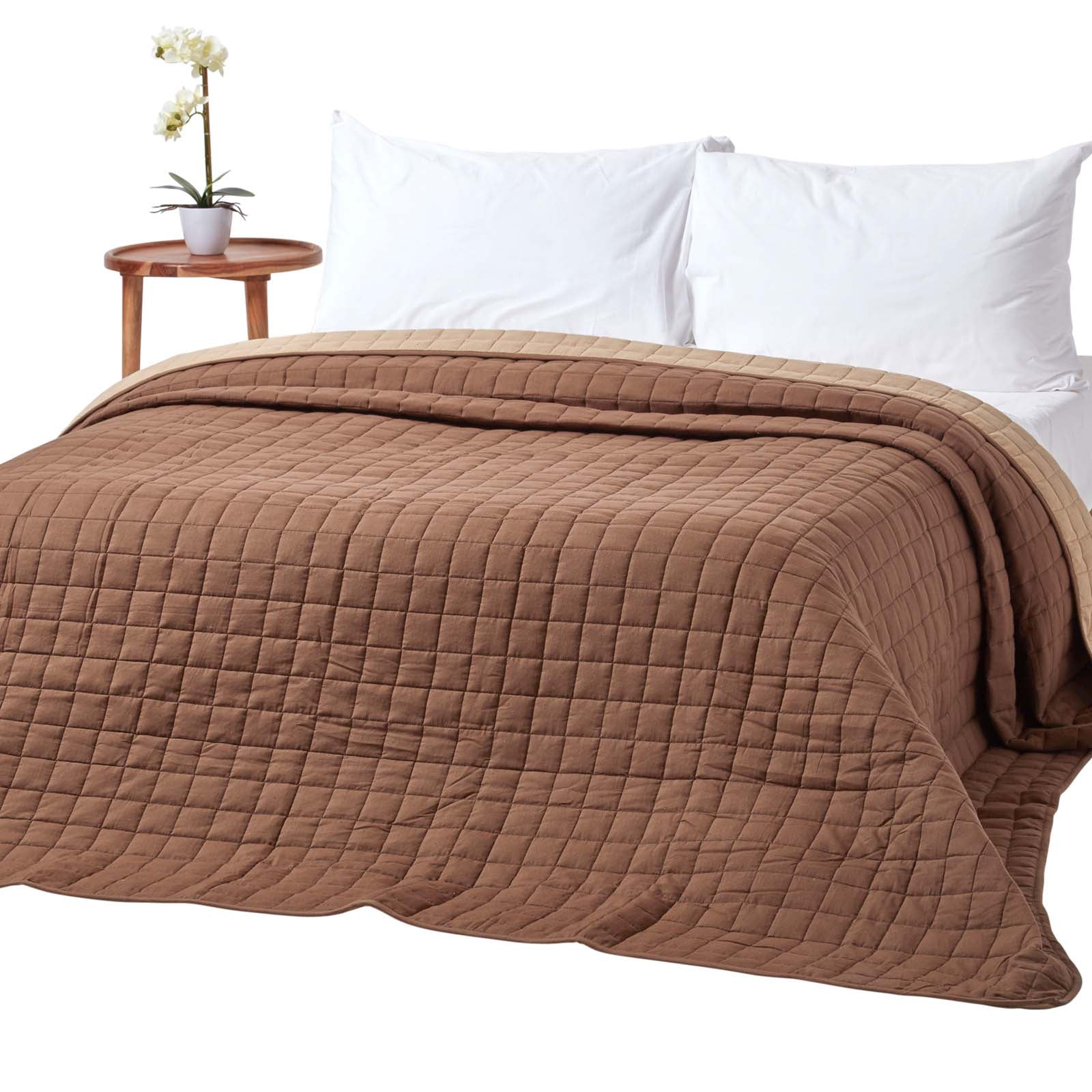 Cotton Quilted Reversible Bedspread | 200cm x 200cm | Chocolate Brown