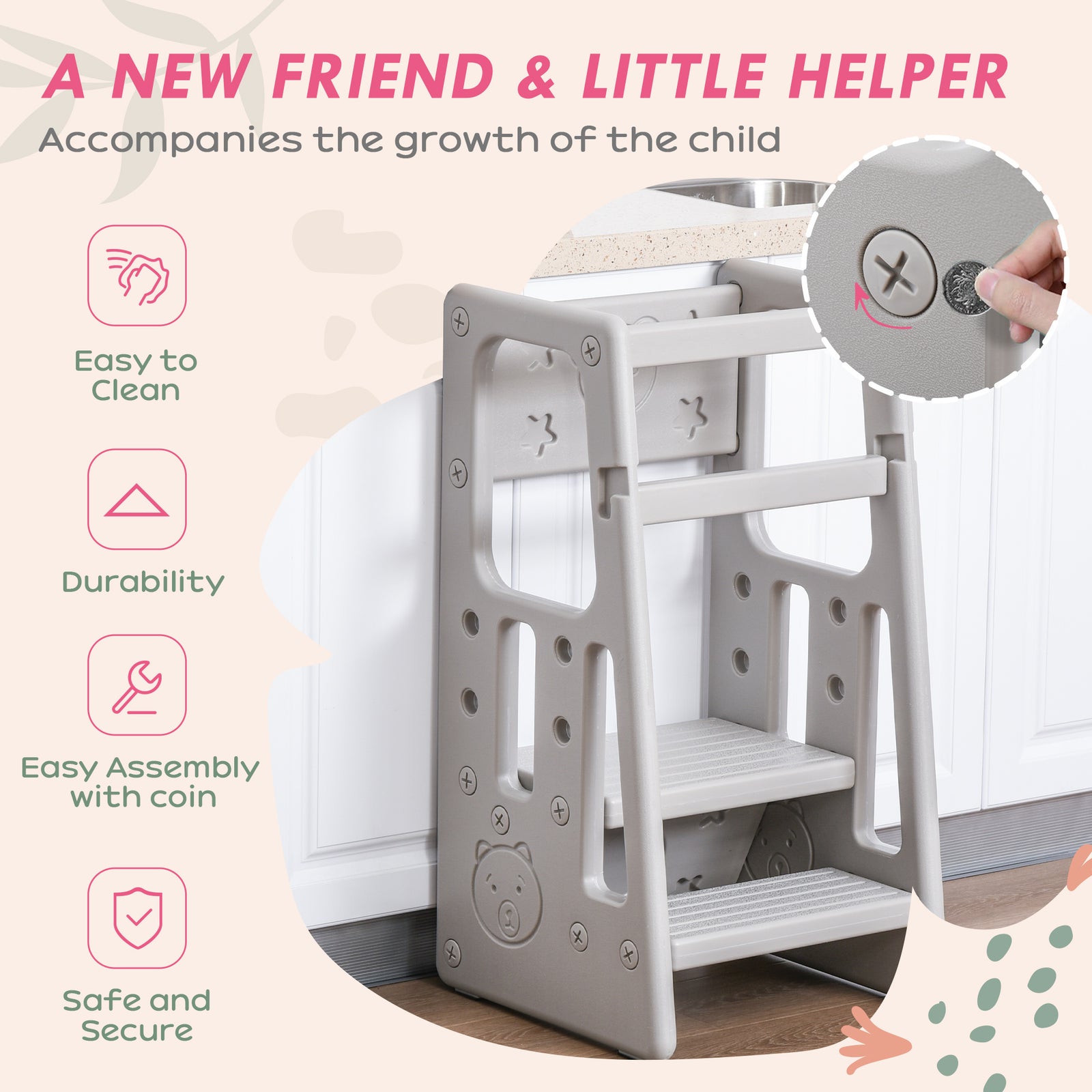 Step Stool, Adjustable Standing Platform, Toddler Kitchen Stool | Grey