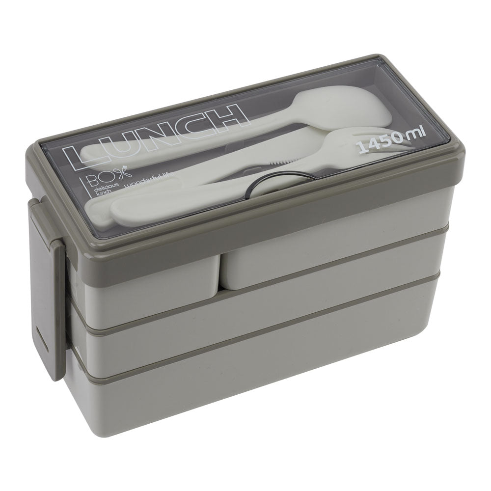 Bento-style Plastic Lunch Box With Cutlery 3-layer | Khaki