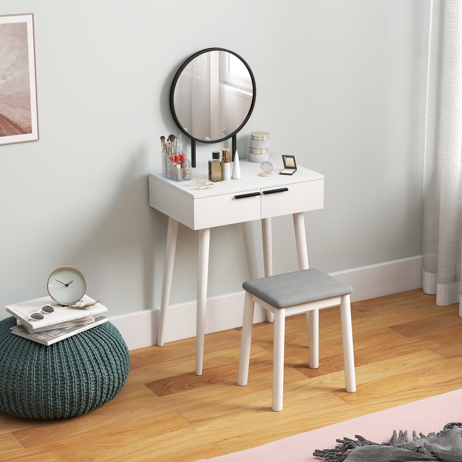 Dressing Table Vanity Set Make Up Desk With Mirror & Stool White