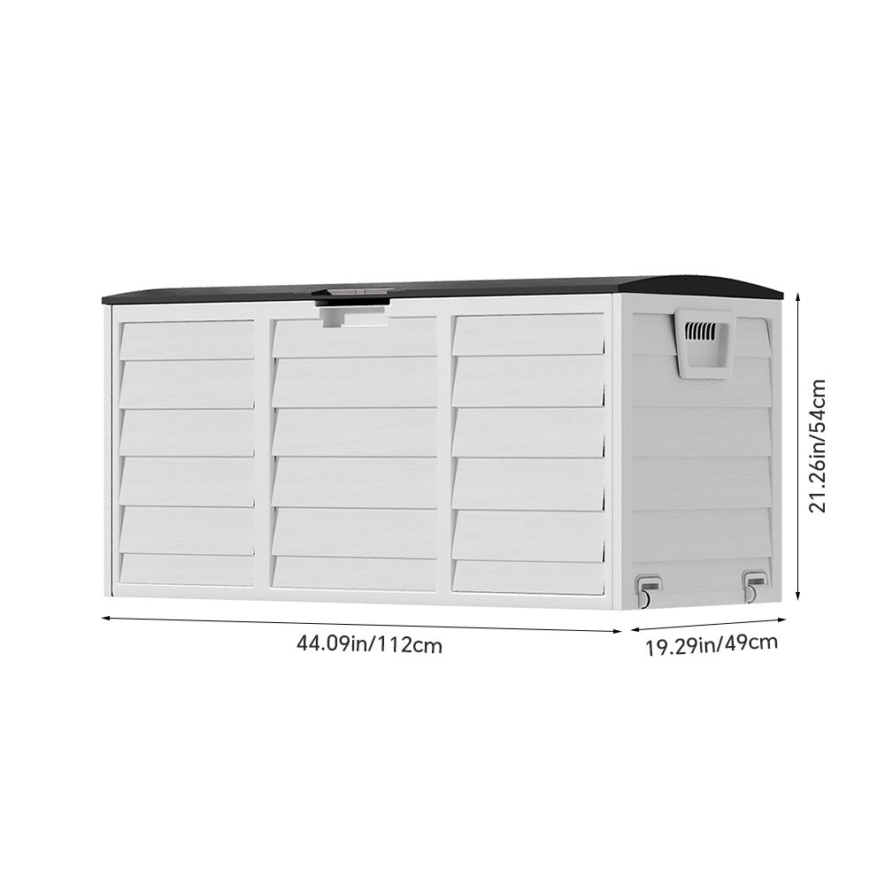 290l Large Waterproof Outdoor & Indoor Storage Box With Wheels – Flip-top Lid, Wood-grain Effect, Ventilated Plastic Container | Black & White