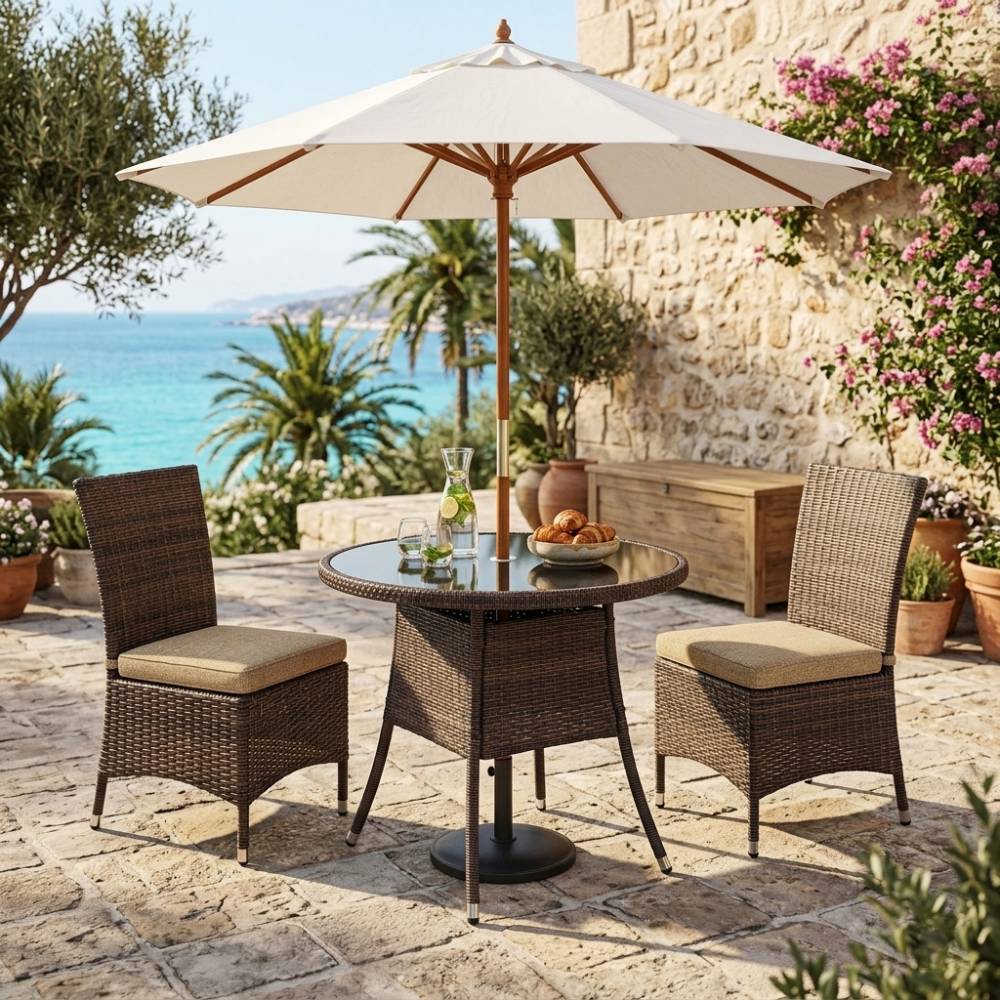 Round Wicker Patio Table With Black Tempered Glass Top With 51mm Umbrella Hole & Transparent Cap 80cm Dia X 72cm H | Brown