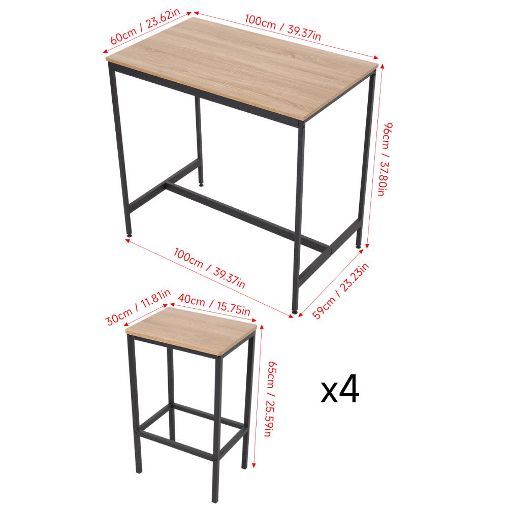 5-piece Bar Table Set With 4 Stools, Industrial Wood Grain Breakfast Bar Dining Set With Black Metal Frame