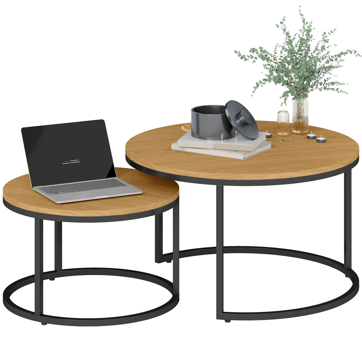 2 Pcs Stacking Coffee Table Set With Steel Frame | Brown