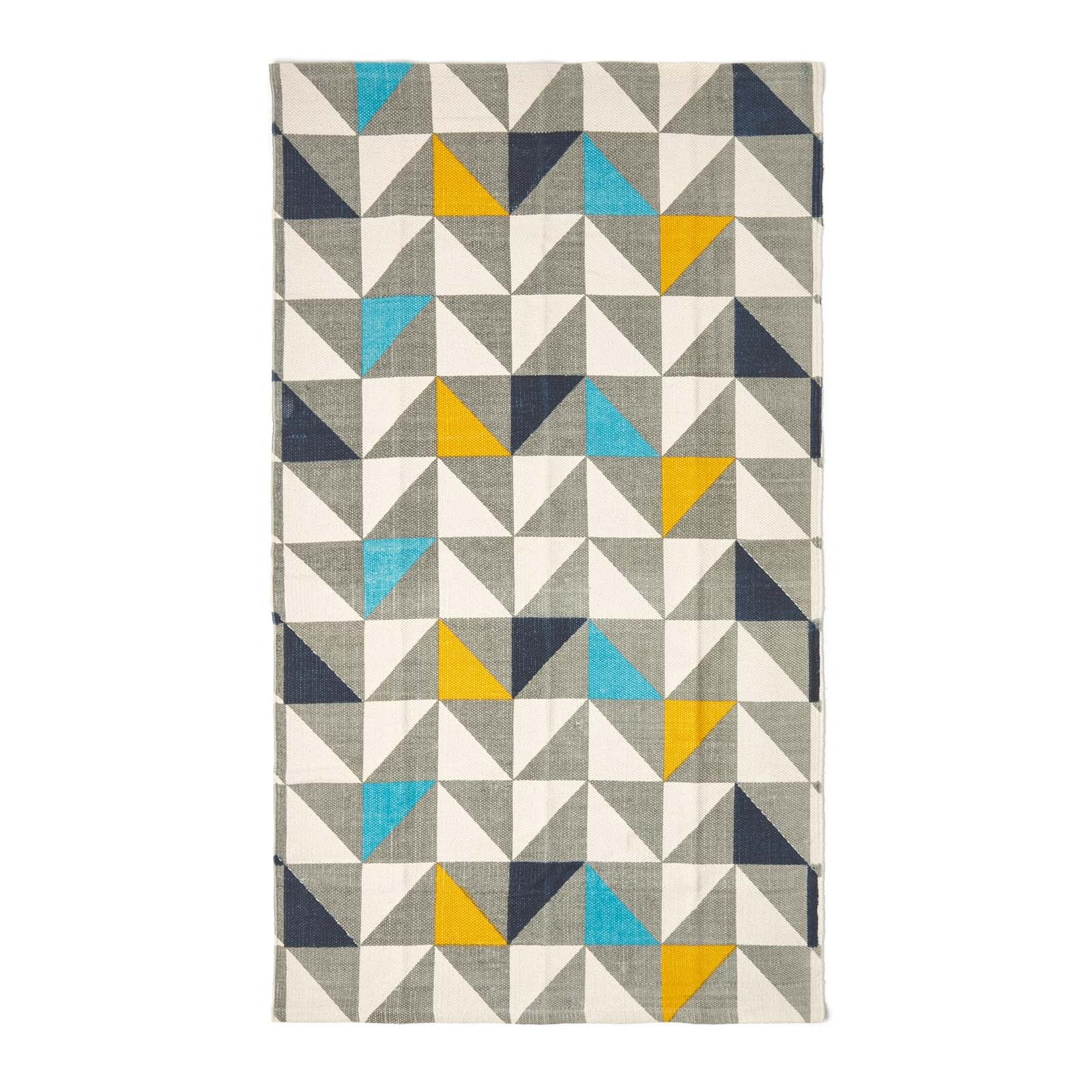 Copenhagen Blue, Yellow And Grey 100% Cotton Geometric Style Scandi Printed Rug | 120cm x 180cm | Grey & White