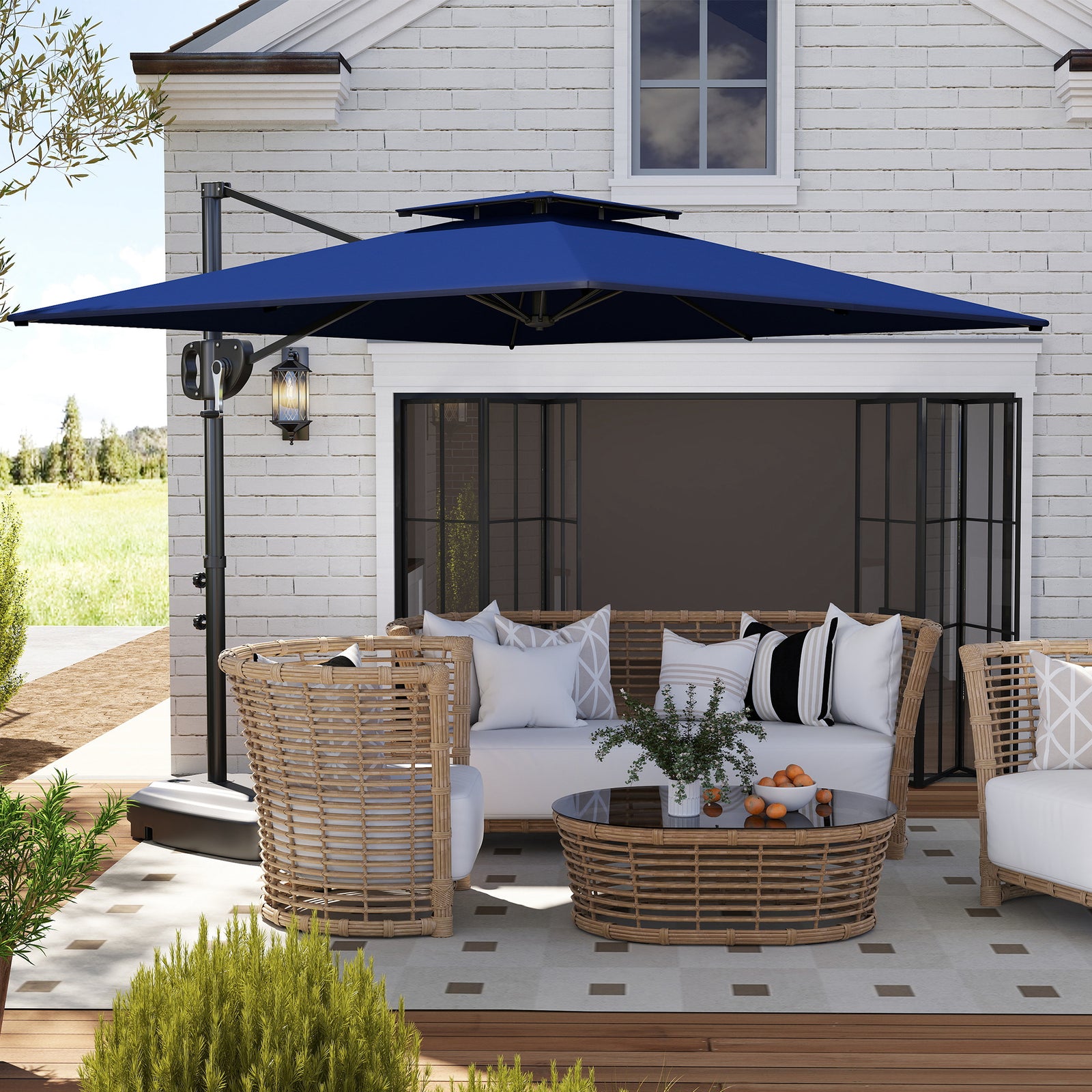 Garden Cantilever Parasol W/ Weighted Base Tilt Crank | Blue