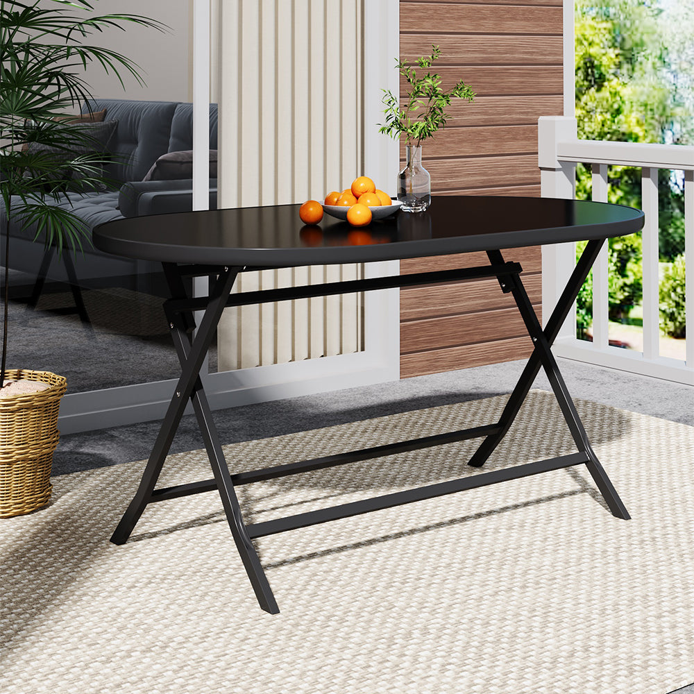 Outdoor Folding Table Black Tempered Glass Top With Umbrella Hole,140m W X 80cm D X 72cm H