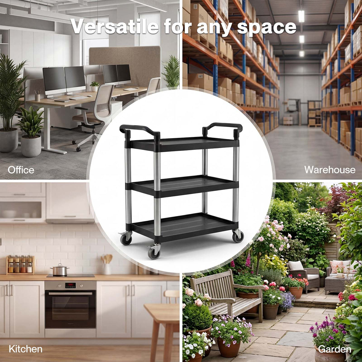 Tool Trolley 3 Tier Rolling Storage Cart Multi-functional Workplace Black | Black