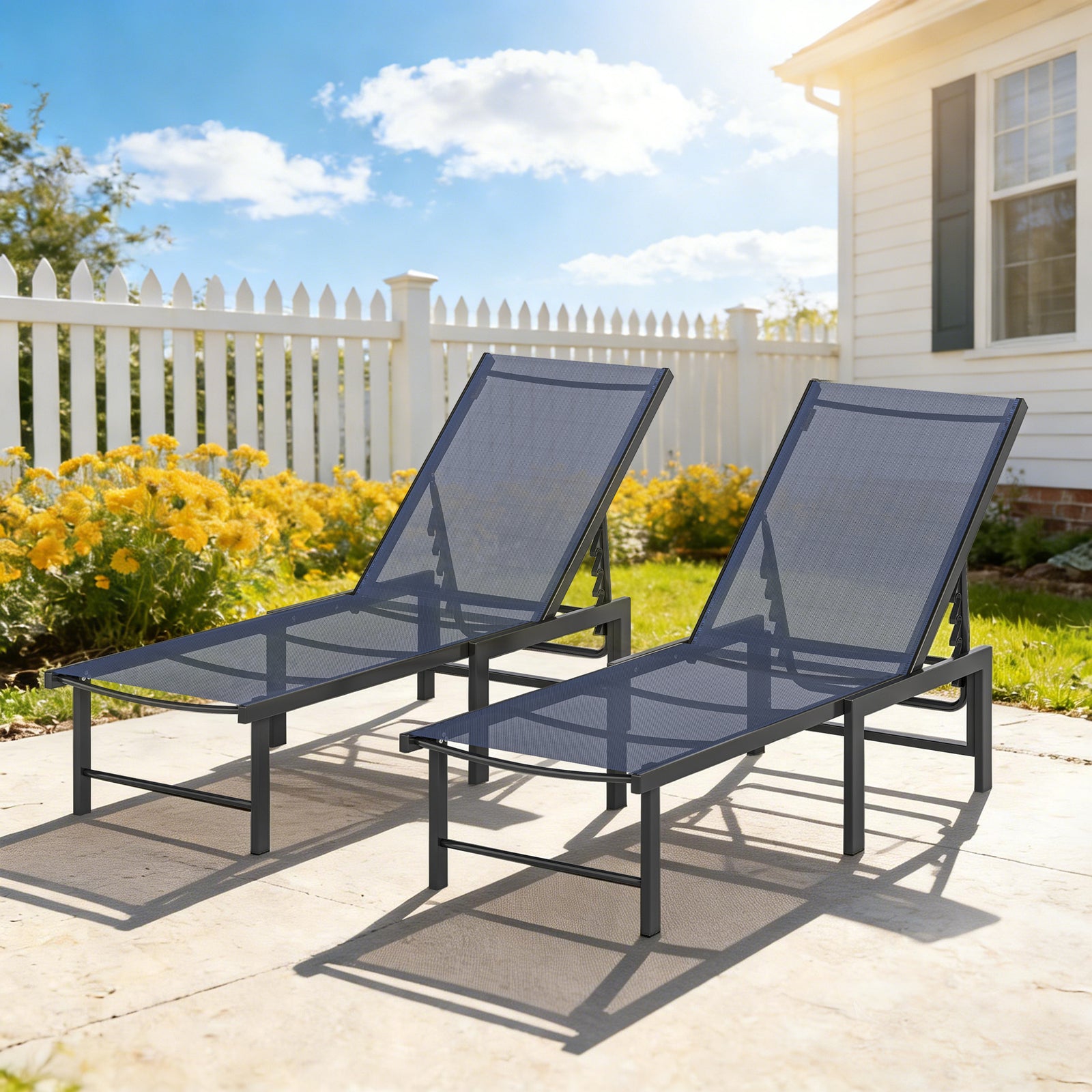 Sun Loungers Set Of 2, 5-level Reclining Sunbeds | Blue
