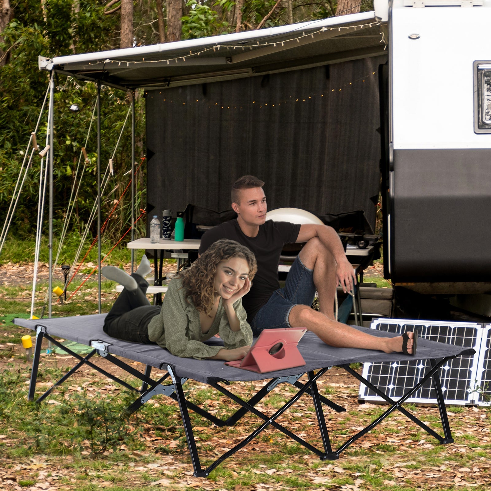 Double Camping Folding Cot Outdoor Portable Sleeping Bed | Gray