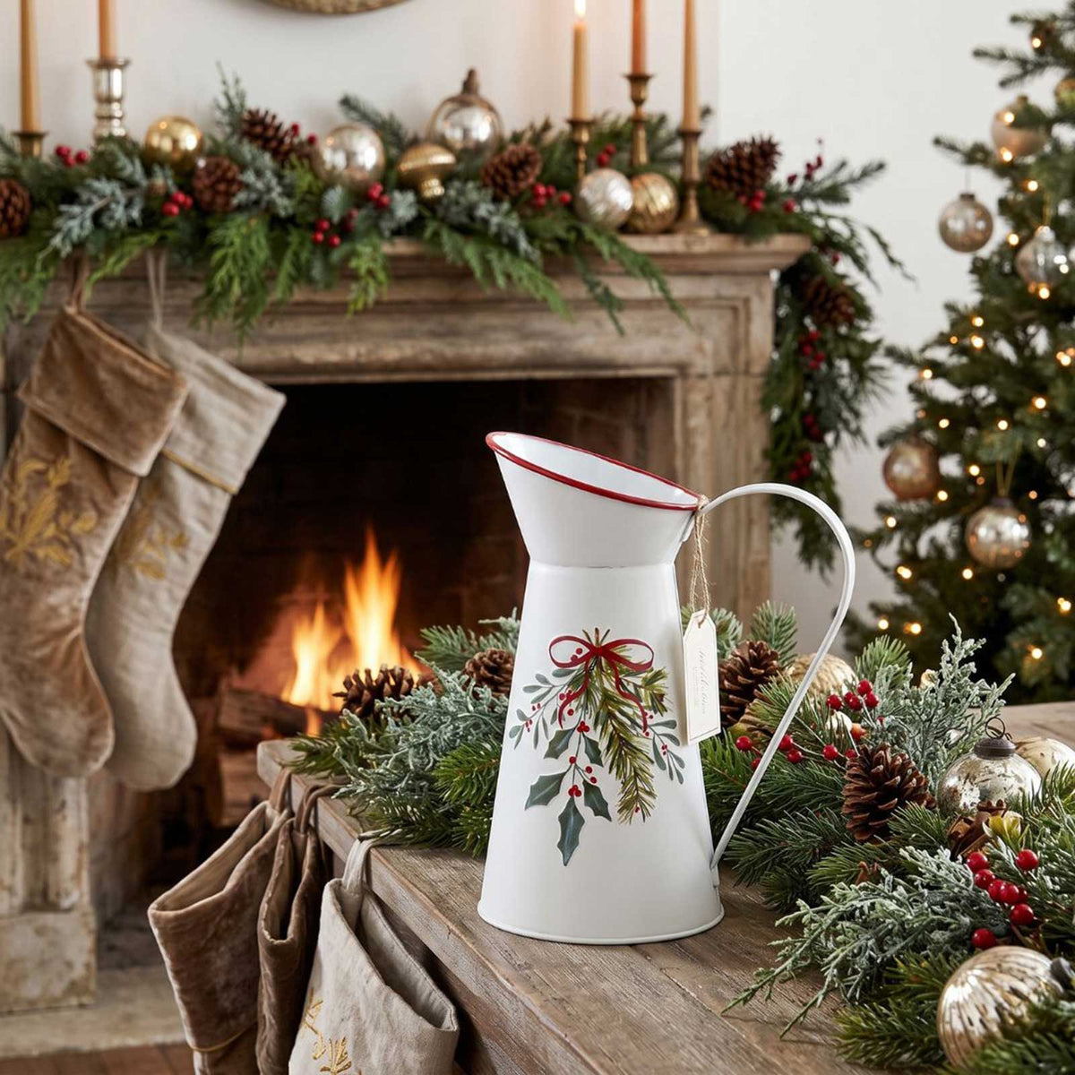White Christmas Holly & Mistletoe Decorative Vase