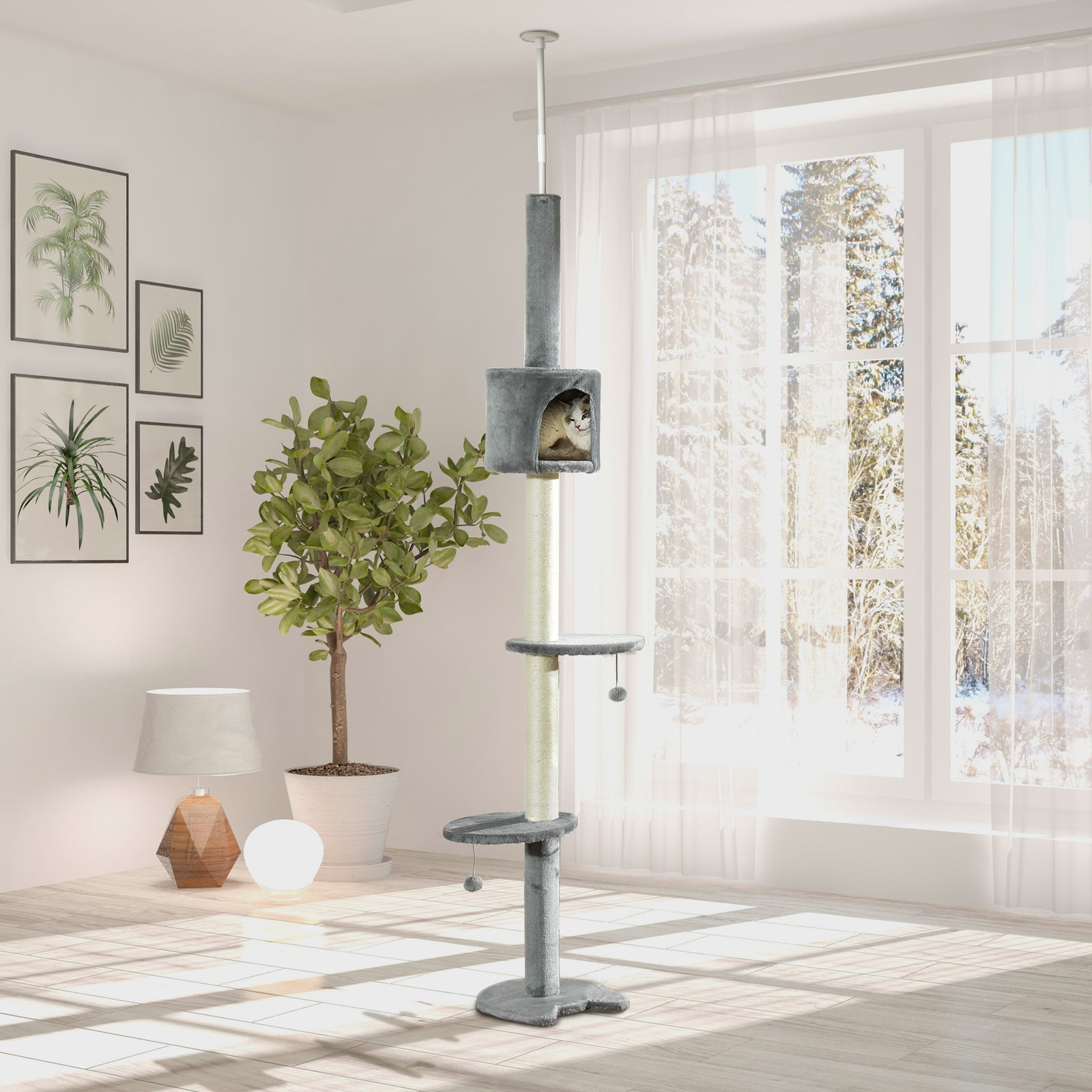 Cat Tree, Kitten Play Tower W/ Solid Scratching Post, Light Grey