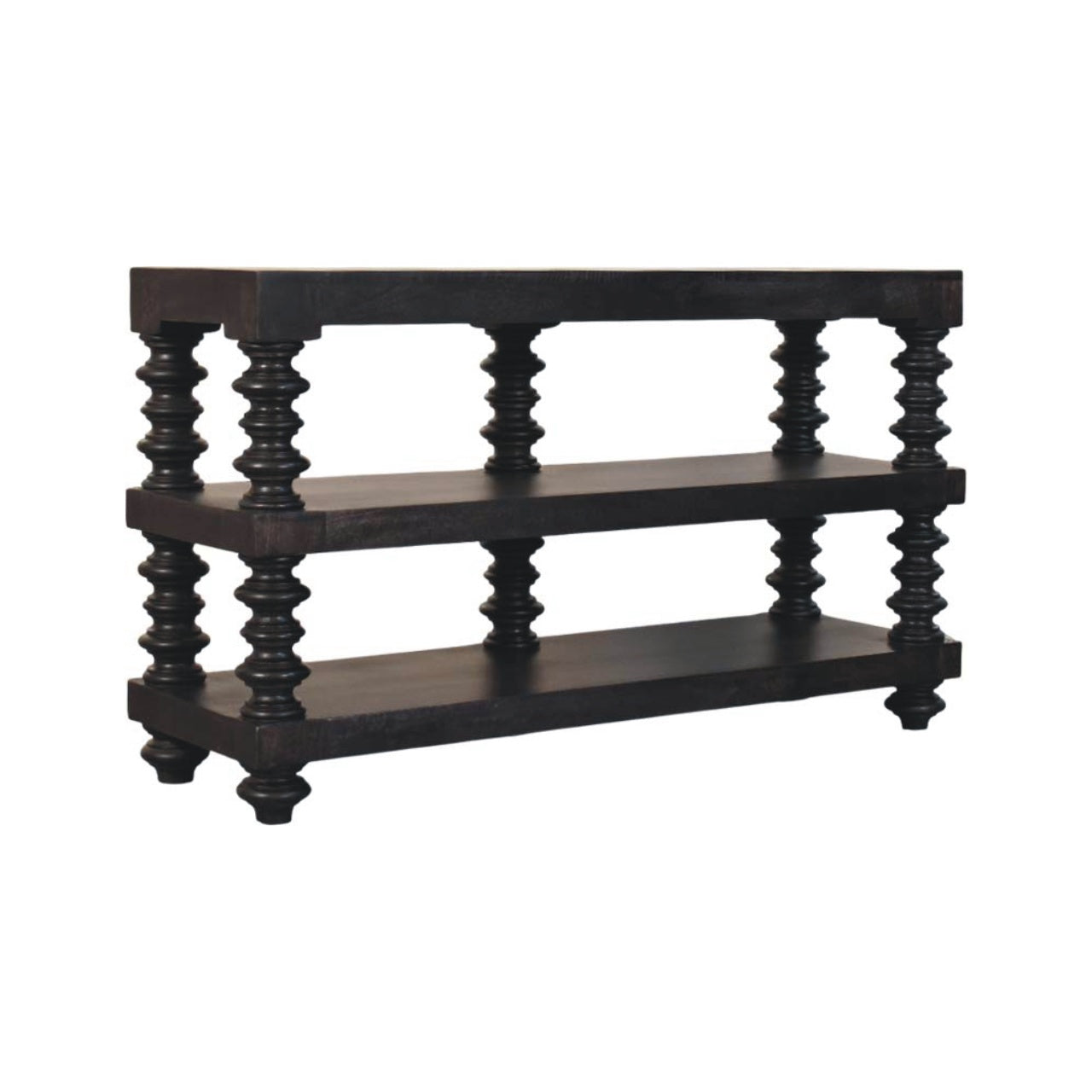 Spindle Shelf Console In Carbon Ash, 2 Open Shelf, Black Brown