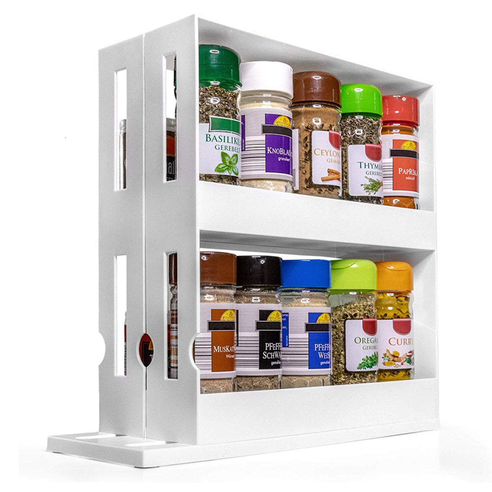2 Tiers Rotating Jars Spice Rack Kitchen Storage Holder Shelf Cabinet Organizer