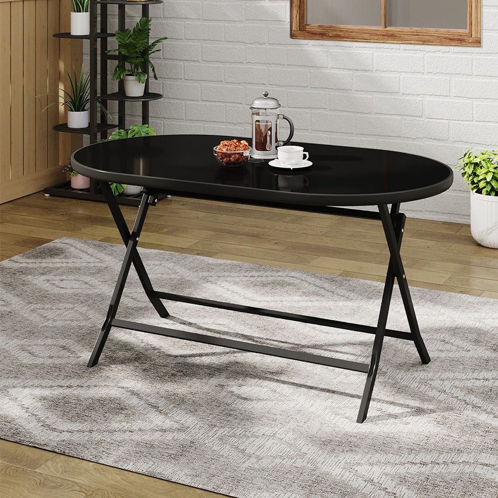 Outdoor Folding Table Black Tempered Glass Top With Umbrella Hole,140m W X 80cm D X 72cm H