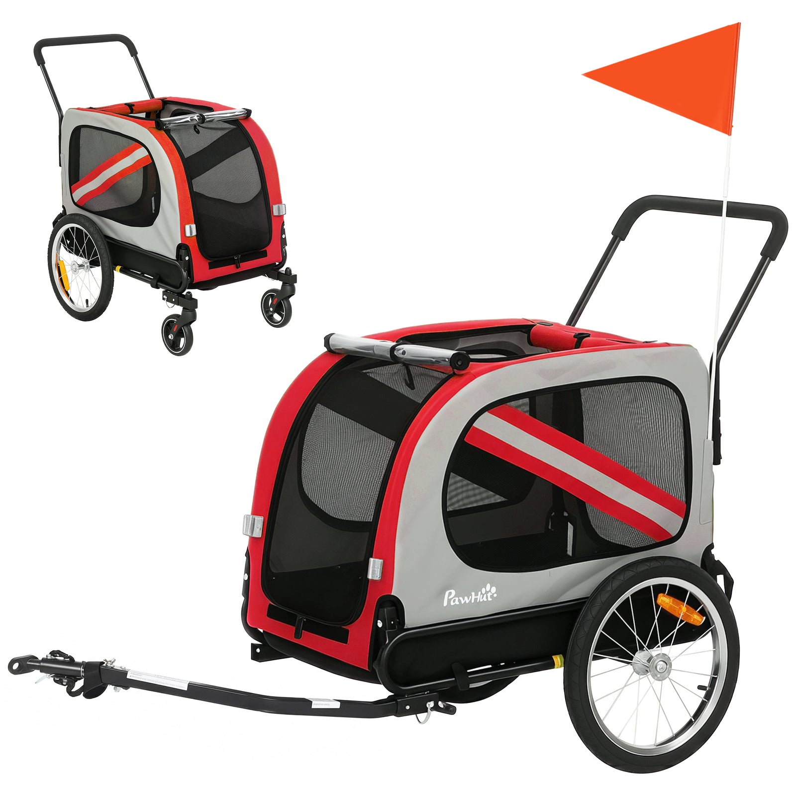 2-in-1 Dog Bike Trailer Stroller With Reflector Flag | Red