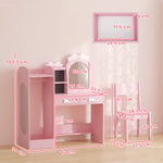 AIYAPLAY Kids Dressing Table With Stool, 2-colour Lights Mirror, Pink