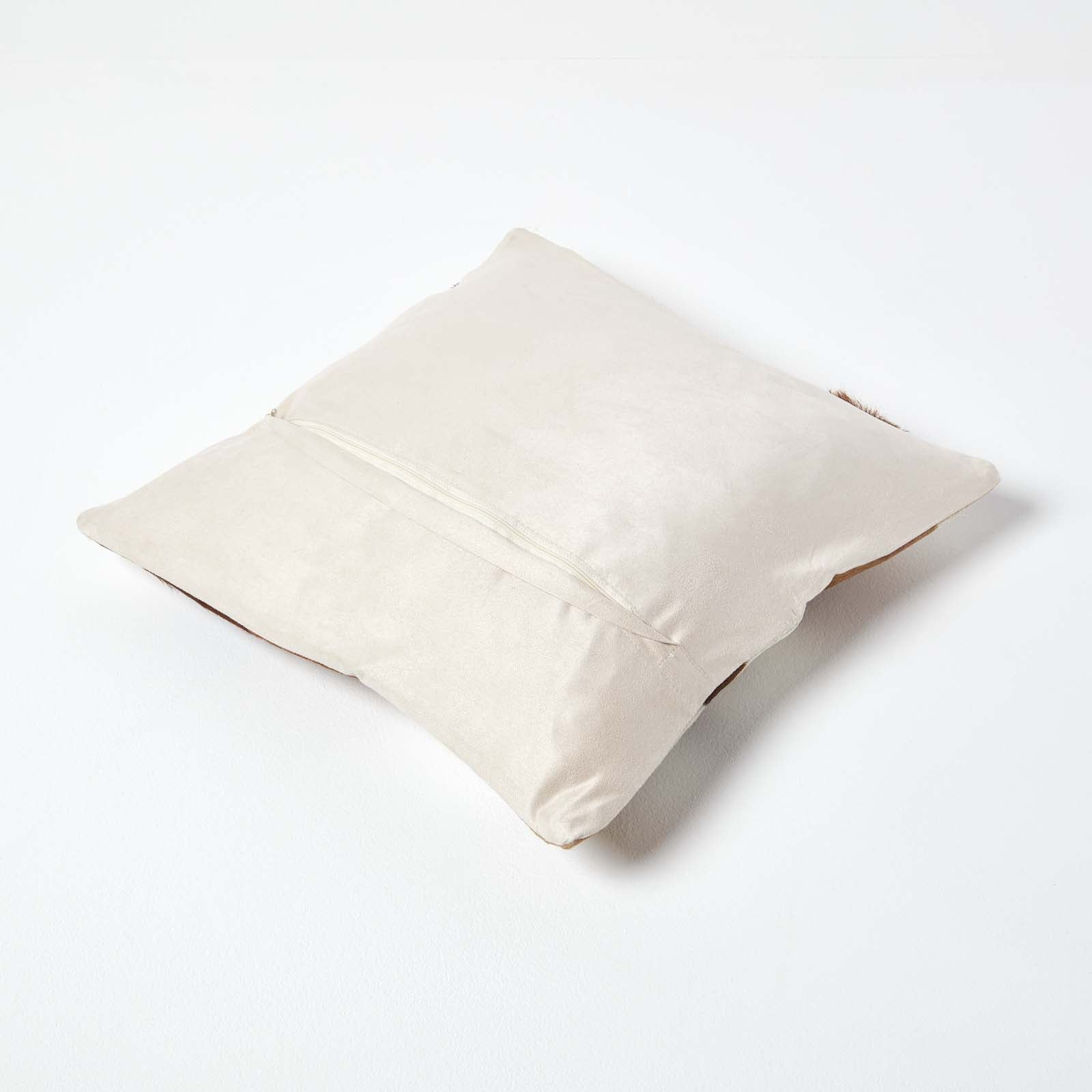 Real Leather & Goat Hair Check Cushion With Feather Filling | 45cm x 45cm | Cream
