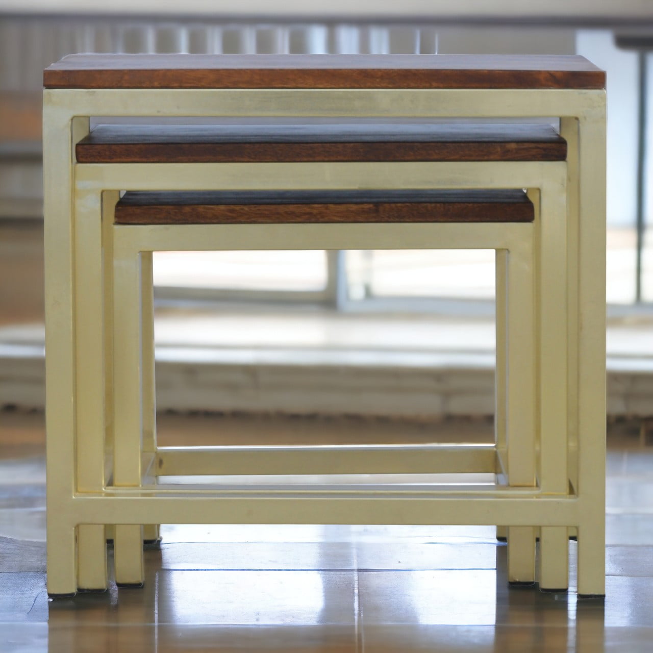 Solid Mango Wood Chunky Gold Stool Set Of 3