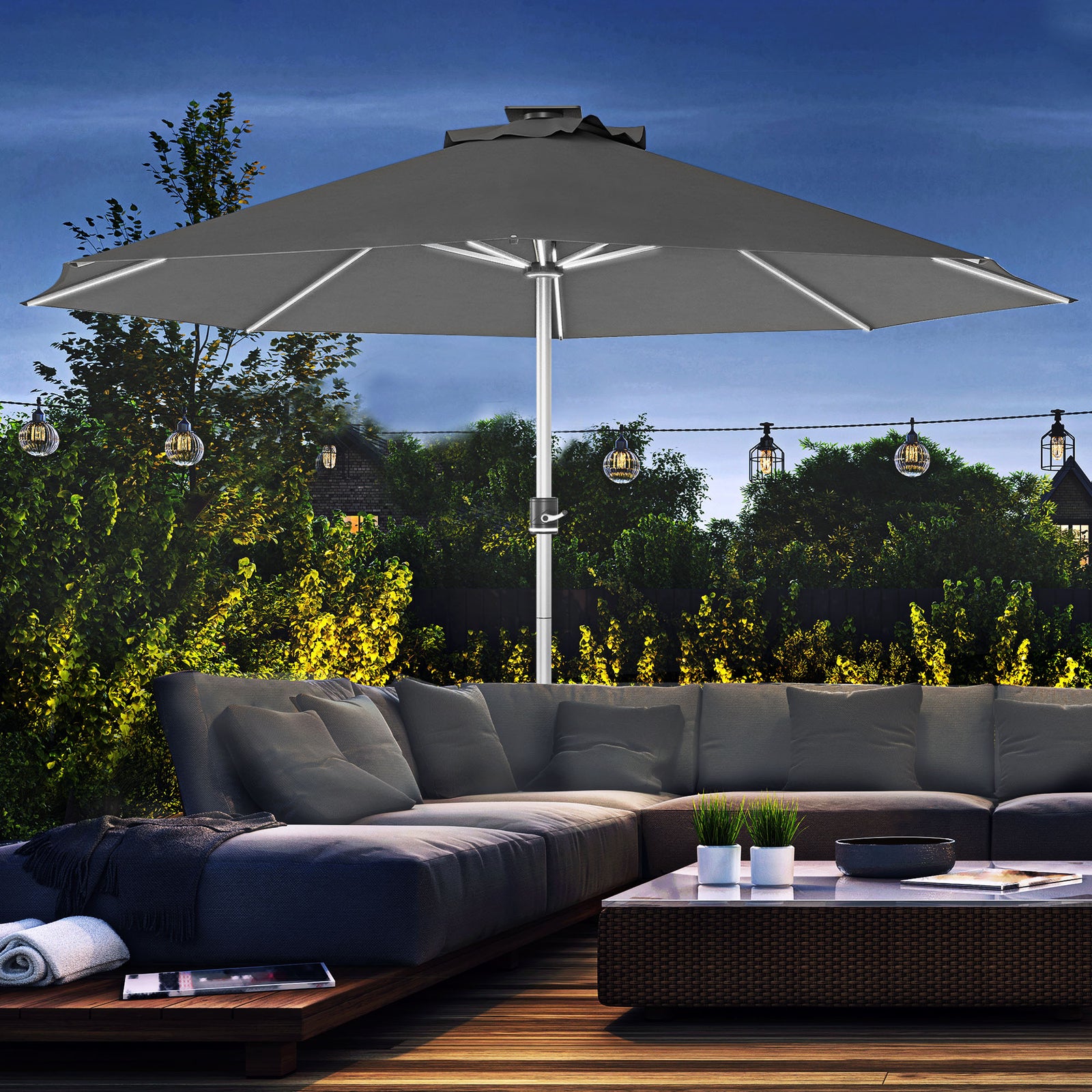 Garden Parasol W/ Usb & Solar Led Lights, Crank Handle | Dark Gray