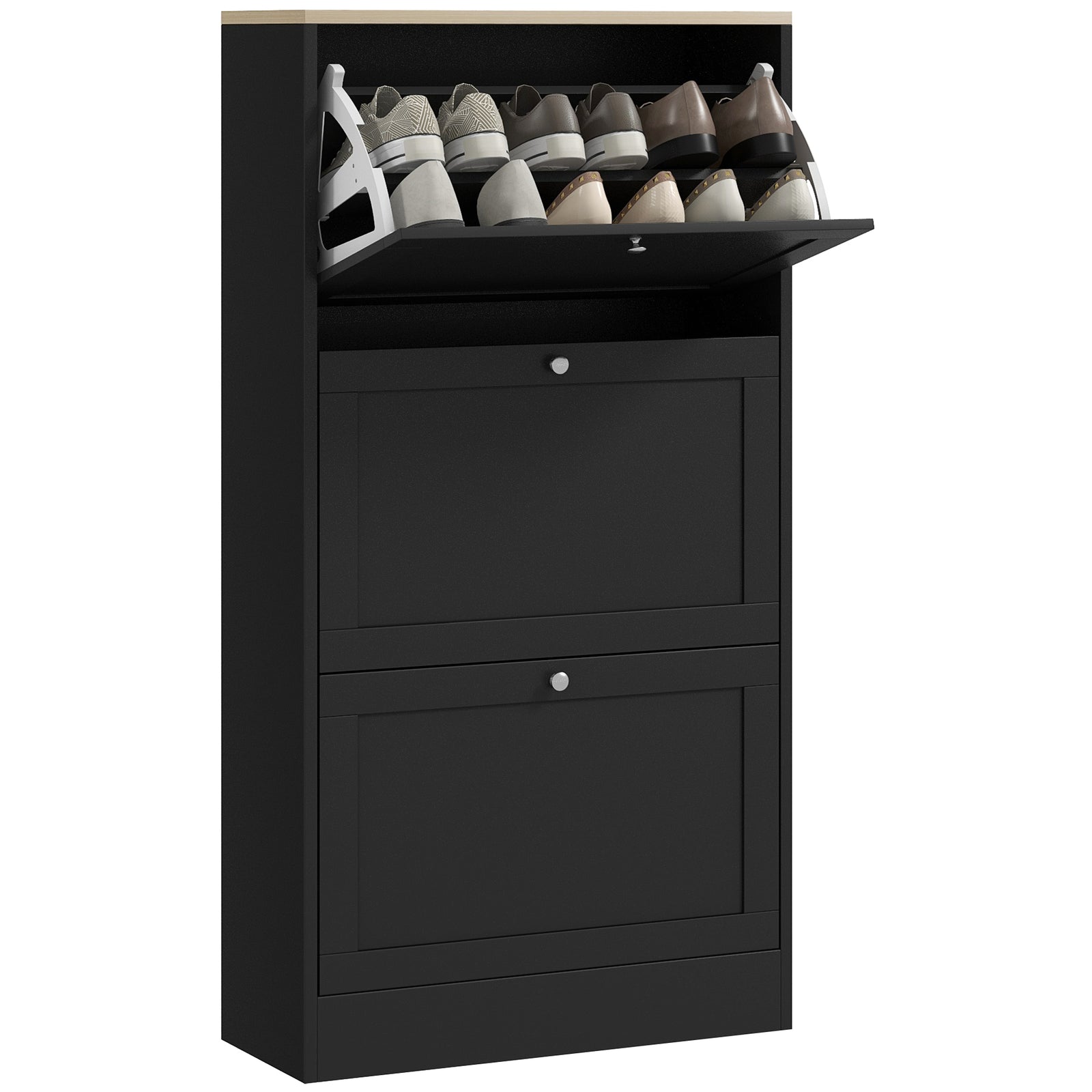 Slim Shoe Cabinet, 3 Flip Drawers Black