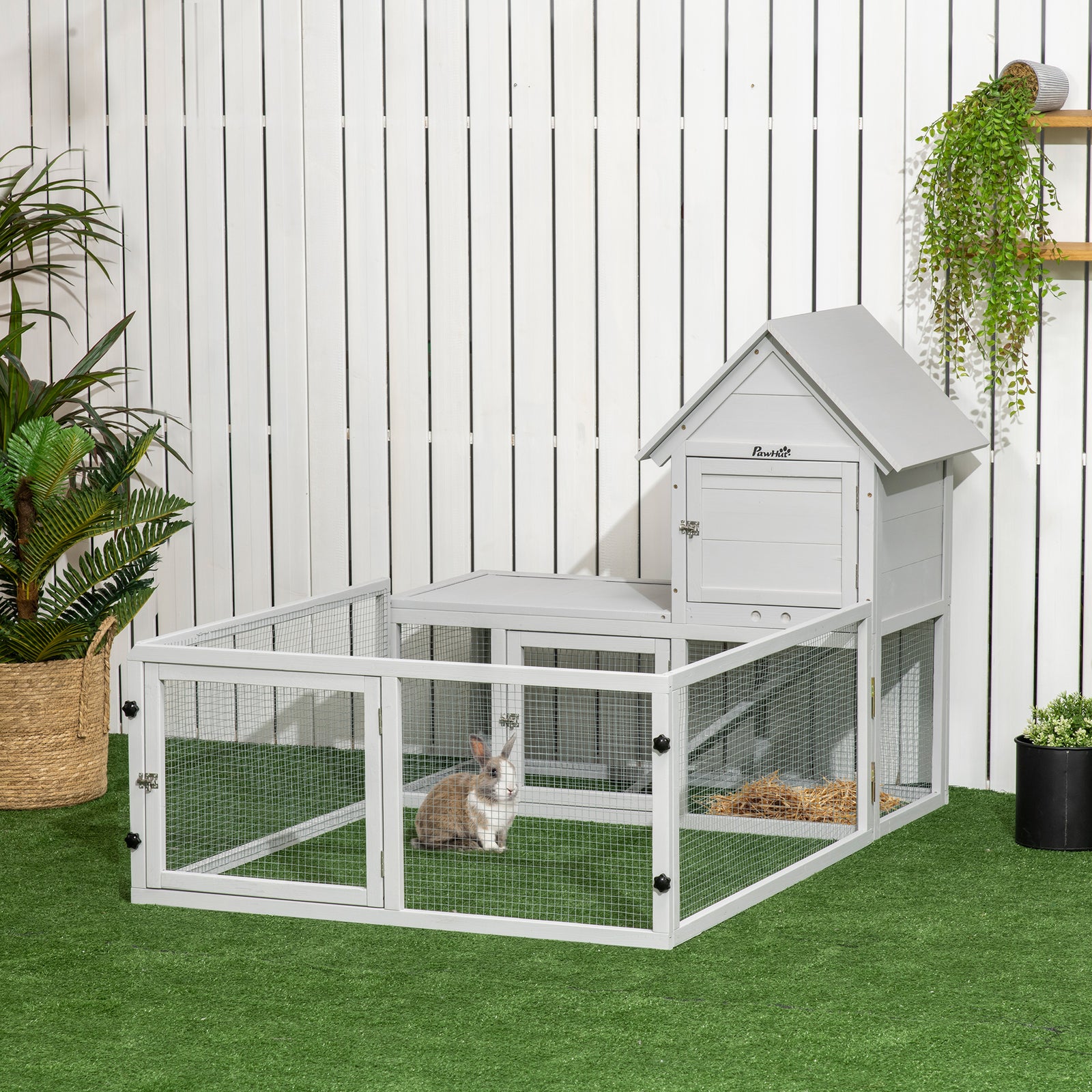 5ft Rabbit Hutch With Run Wooden Large Guinea Pig Cage For Indoor, Grey