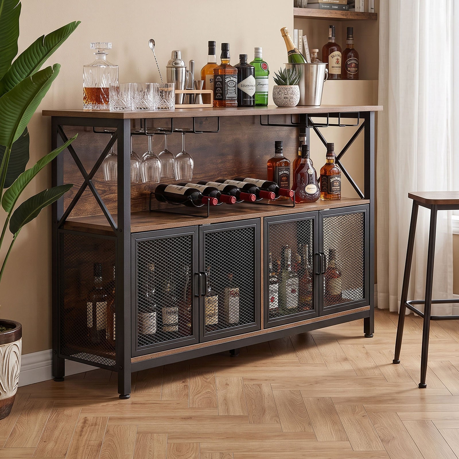 Industrial Wine Bar Cabinet With Metal Frame | Black