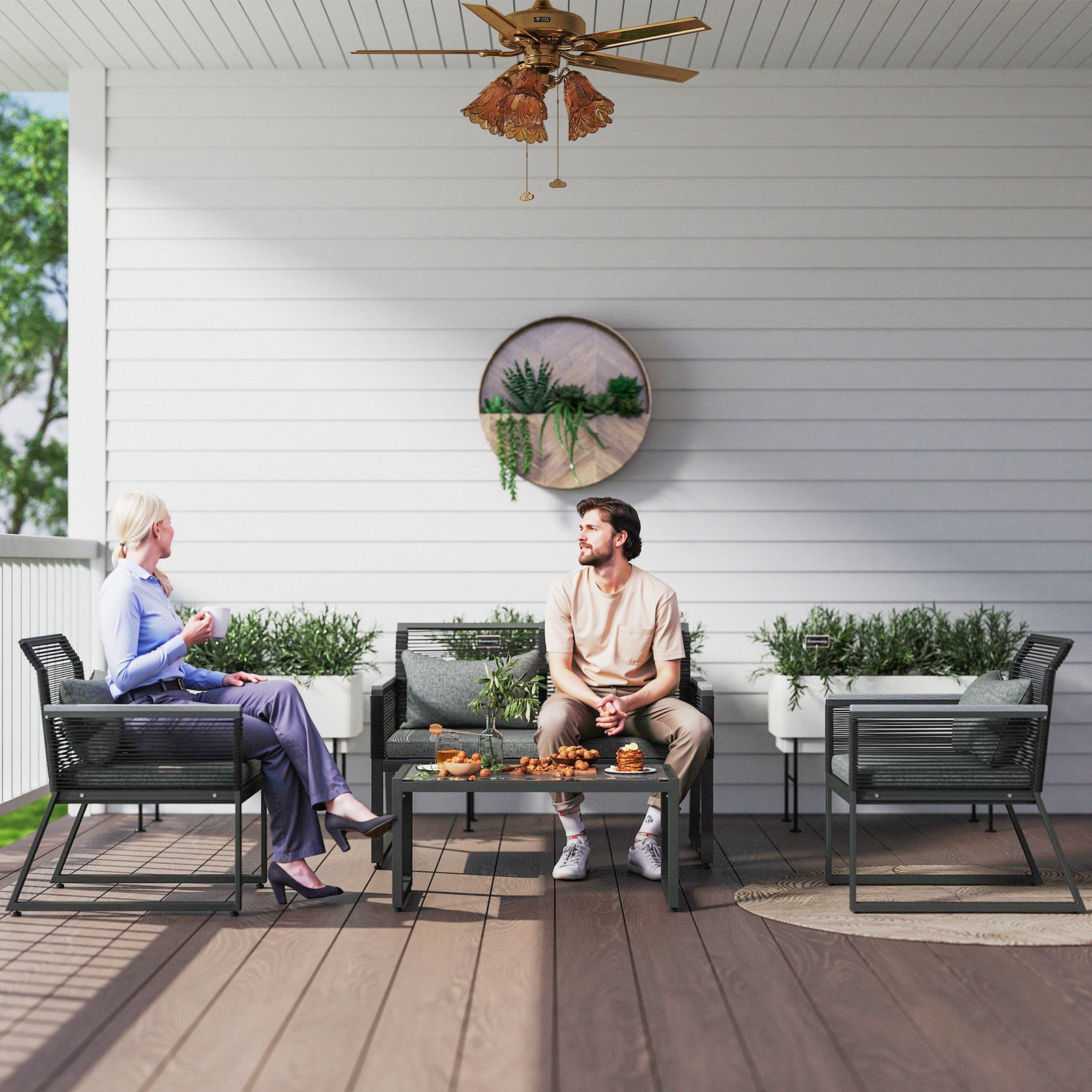 4 Pieces Rattan Garden Furniture Set For 4 Person, Charcoal