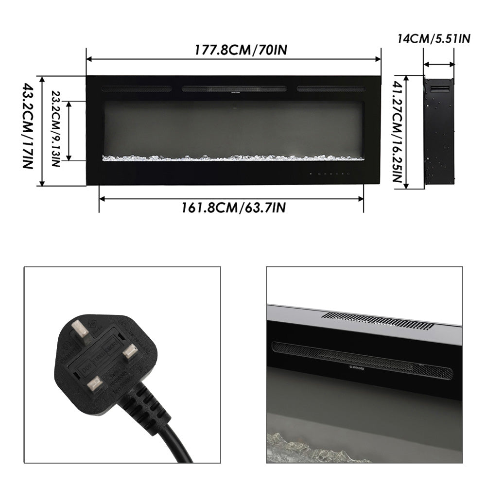 70/80-inch Black Electric Fireplace Heater, Wall Mounted Or Recessed With 12 Flame Colors, Adjustable Brightness & Remote Control | Small