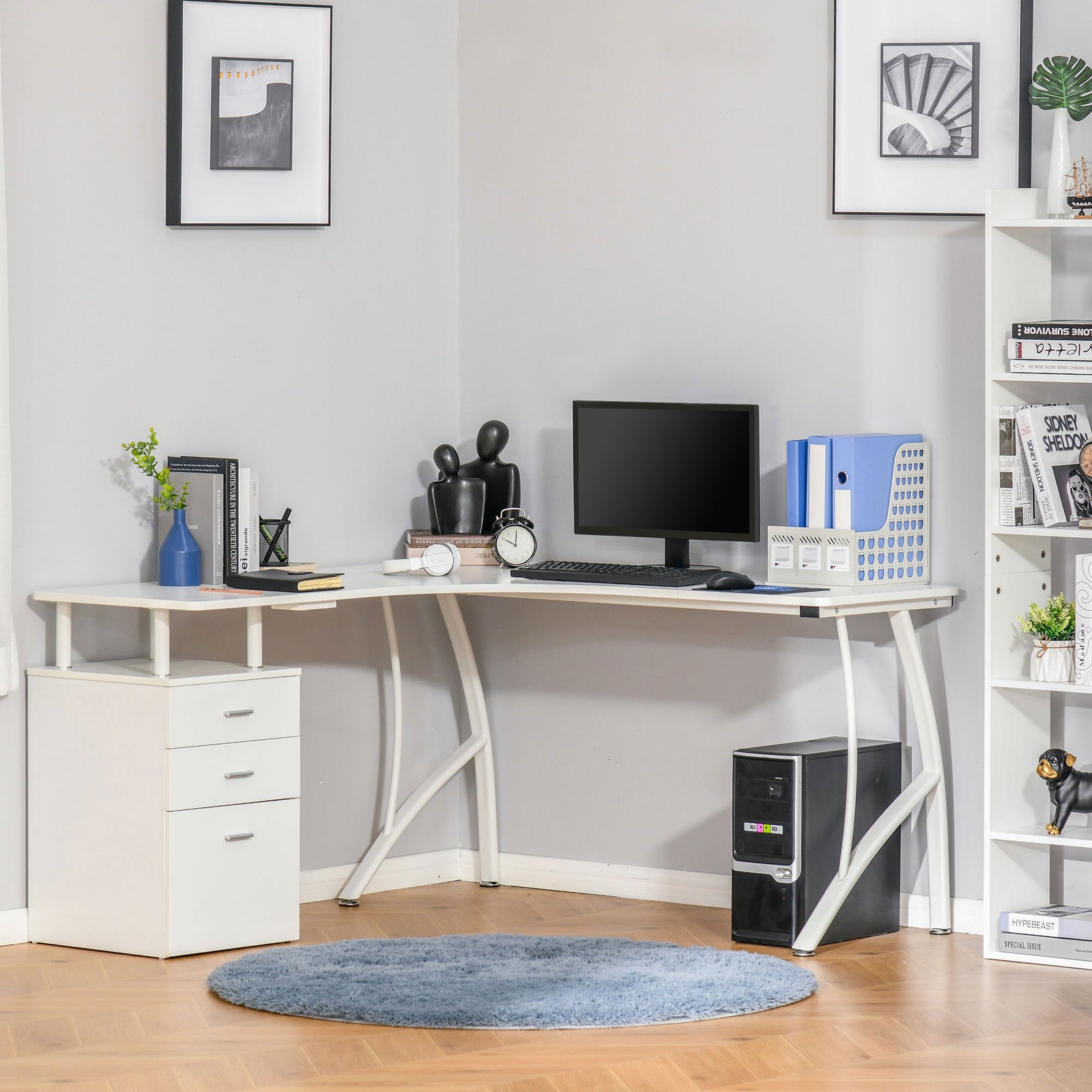 L-shaped Corner Pc Desk Table W/ Drawer Home Office | White