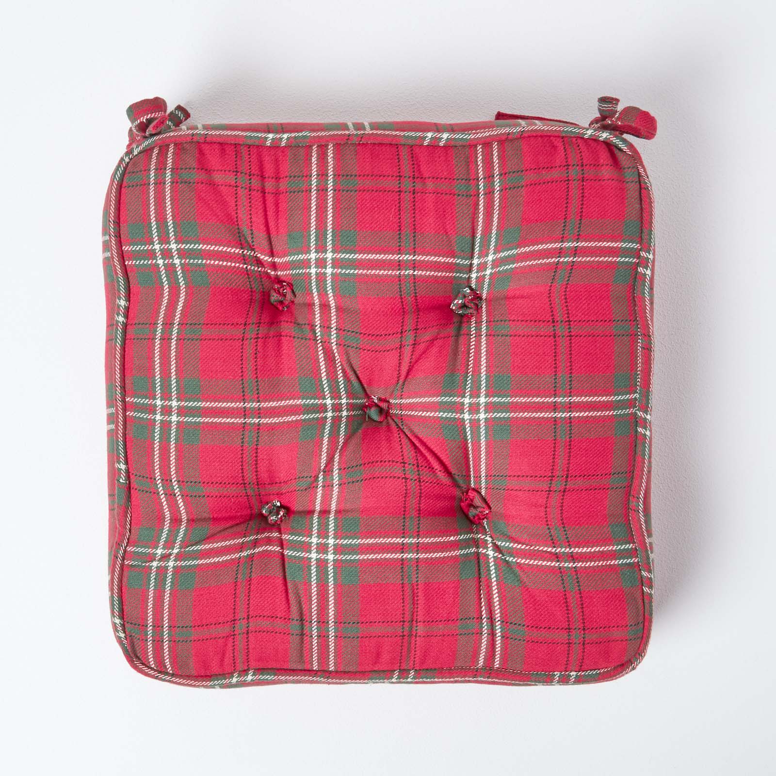 Tartan Check Cotton Dining Chair Booster Cushion | 40cm x 40cm | Red