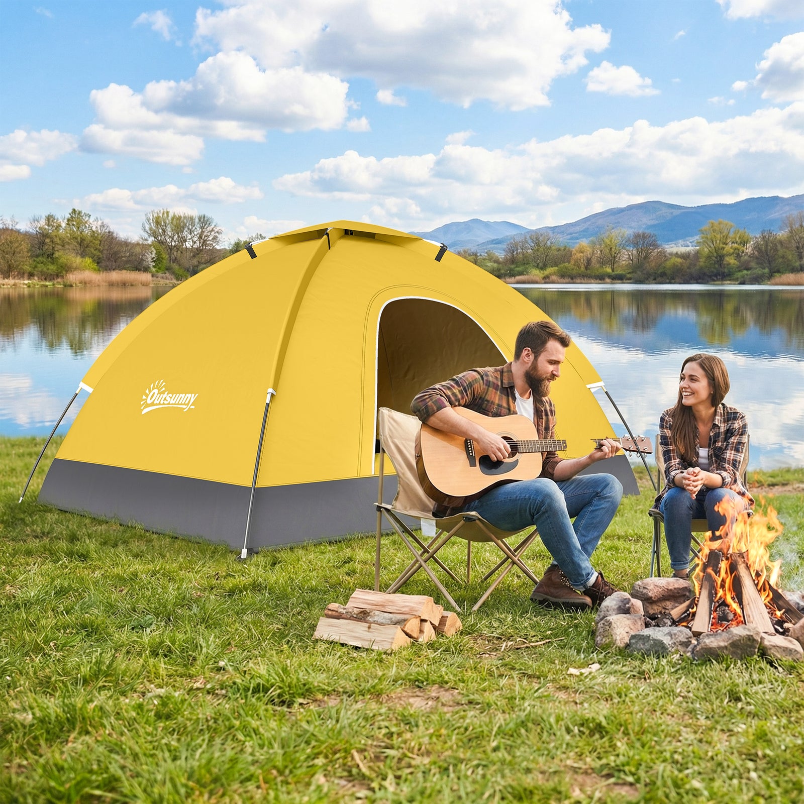 2 Person Camping Tent, Dome Tent With Storage Pocket | Yellow