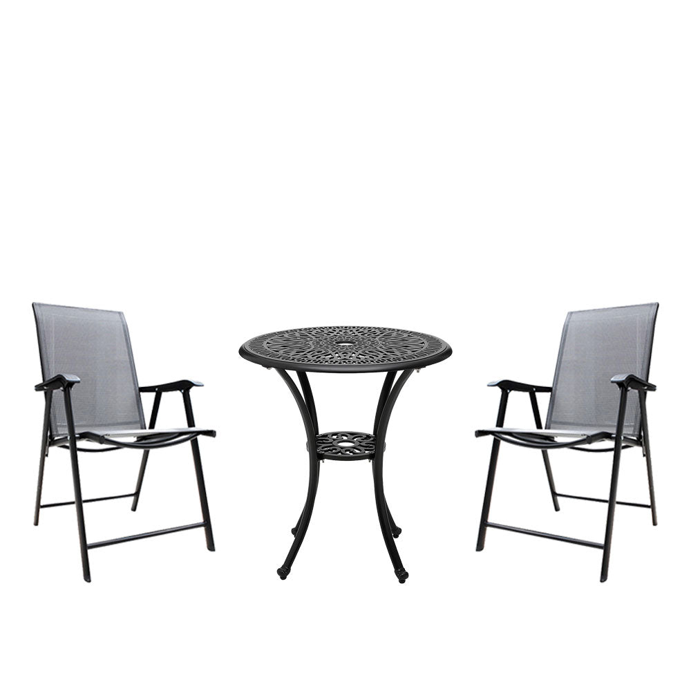 3 Pcs Bistro Set Cast Aluminium Round Patio Dining Table With Foldable Chairs