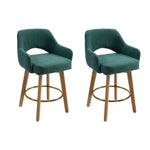 Set Of 2 Swivel Chenille Upholstered Bar Stools With Wooden Legs | Green