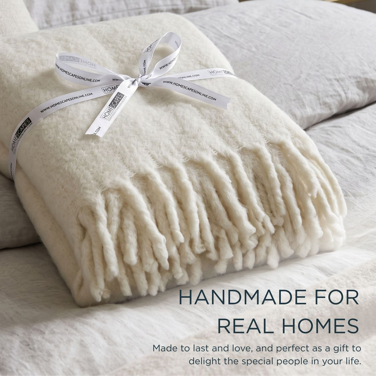 Pure Handmade Halo Wool Blend Bed & Sofa Throw Blanket | 130cm x 170cm | Ivory