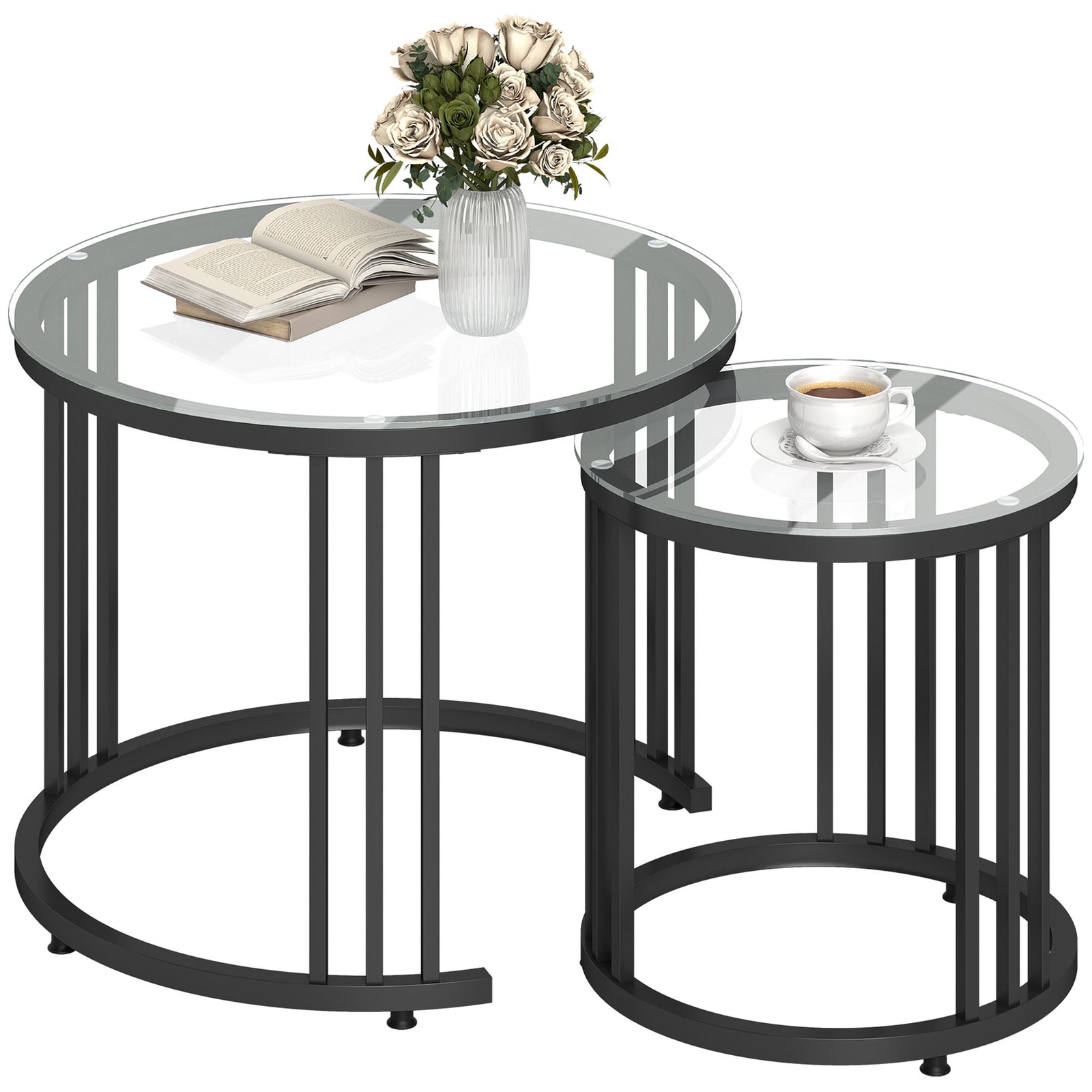 HOMCOM 2 Pieces Round Nesting Coffee Tables With Tempered Glass Top, Black