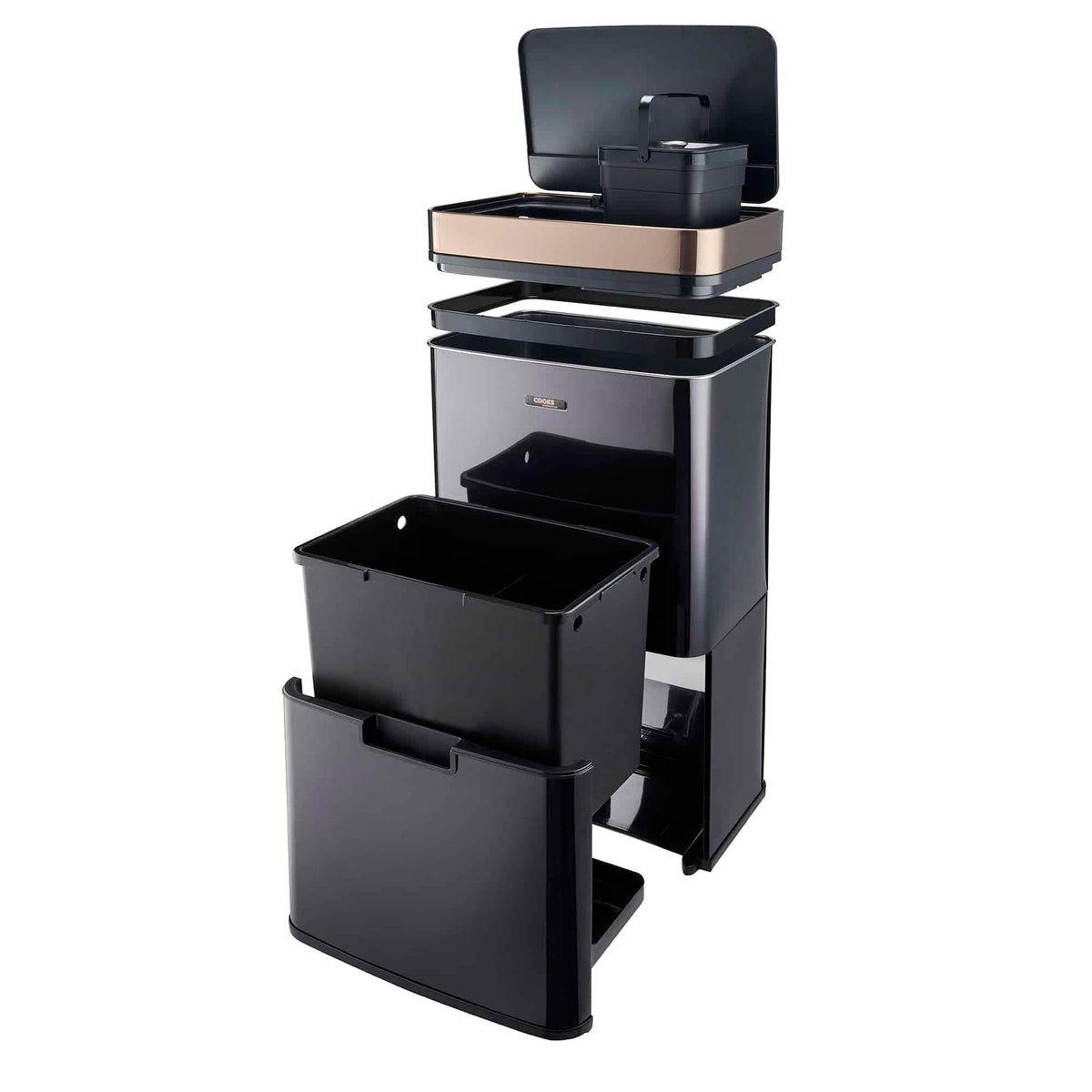 75l Sensor Recycling Bin With Food Caddy & 25 Bin Biodegradable Bags | 75L | Black & Copper