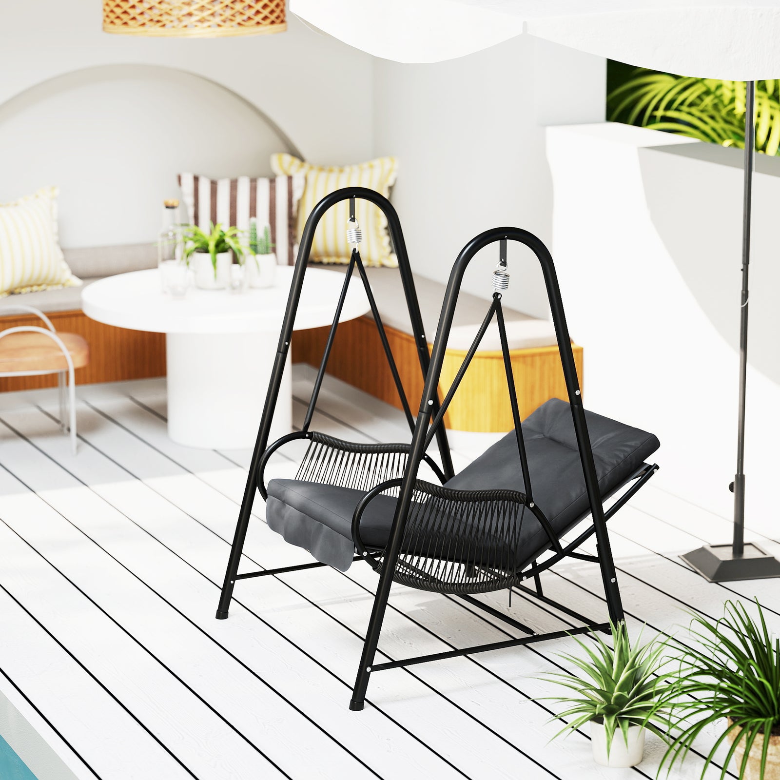Rattan Swing Chair With Stand And Seat Cushion | Dark Gray