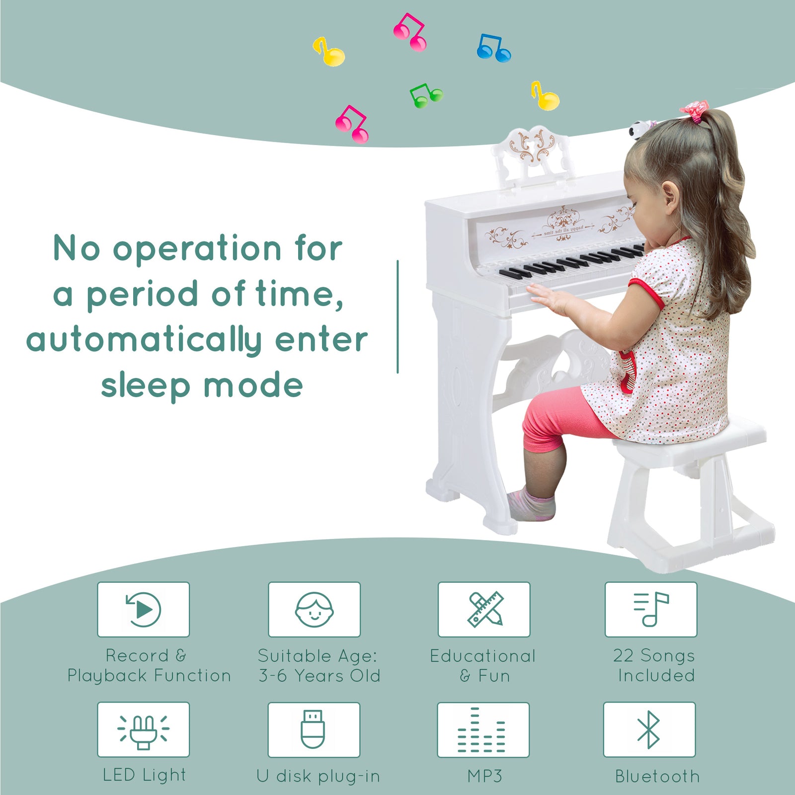 37 Key Keyboard Battery Piano Kids Microphone Stool Educational Game | White