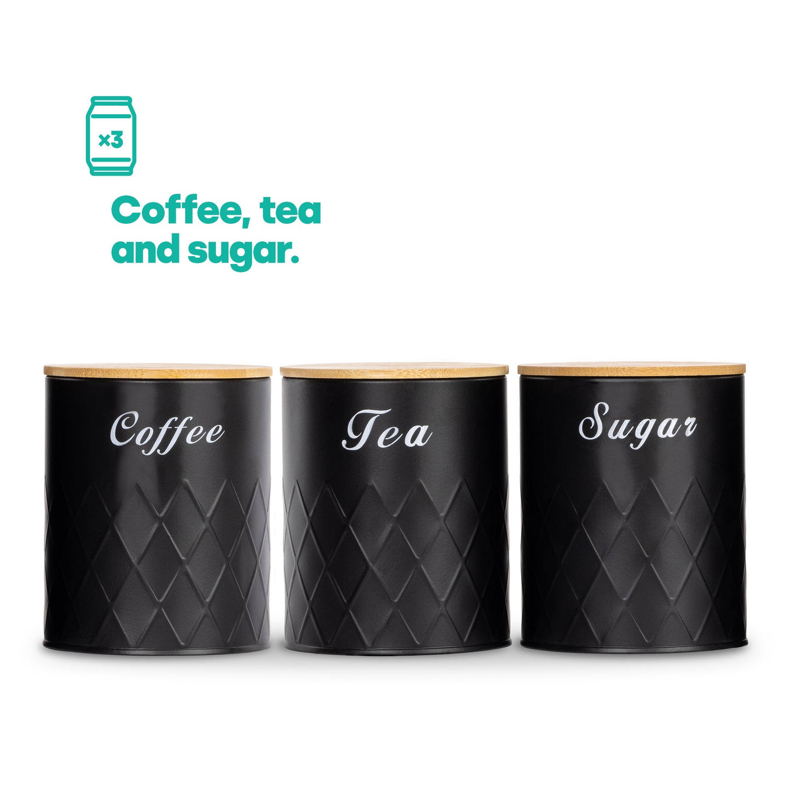 Matt Bread Bin & Canister Set - Black/bamboo
